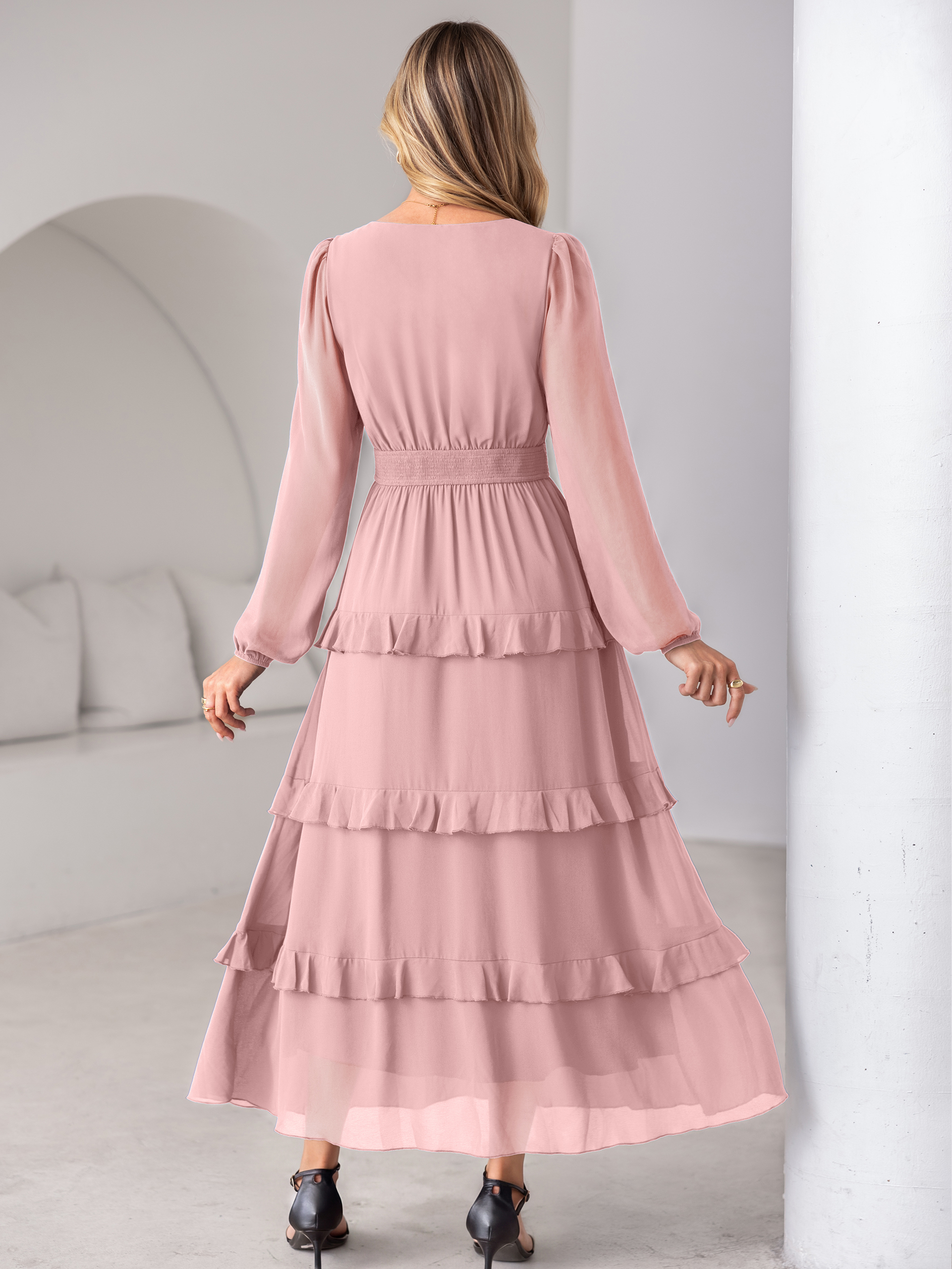 V-Neck Smocked Waist Tiered Ruffle Chiffon Maxi Dress