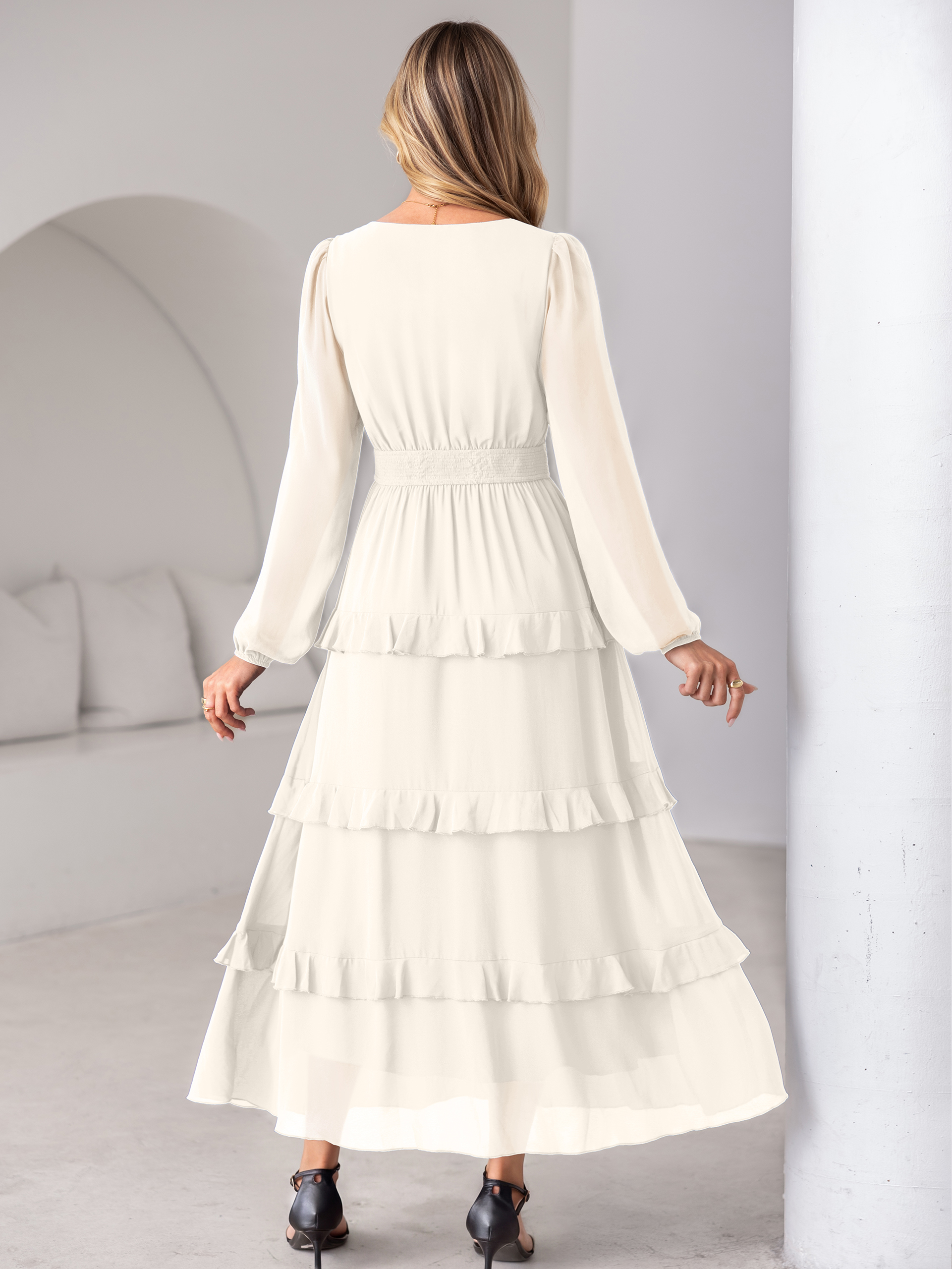 V-Neck Smocked Waist Tiered Ruffle Chiffon Maxi Dress