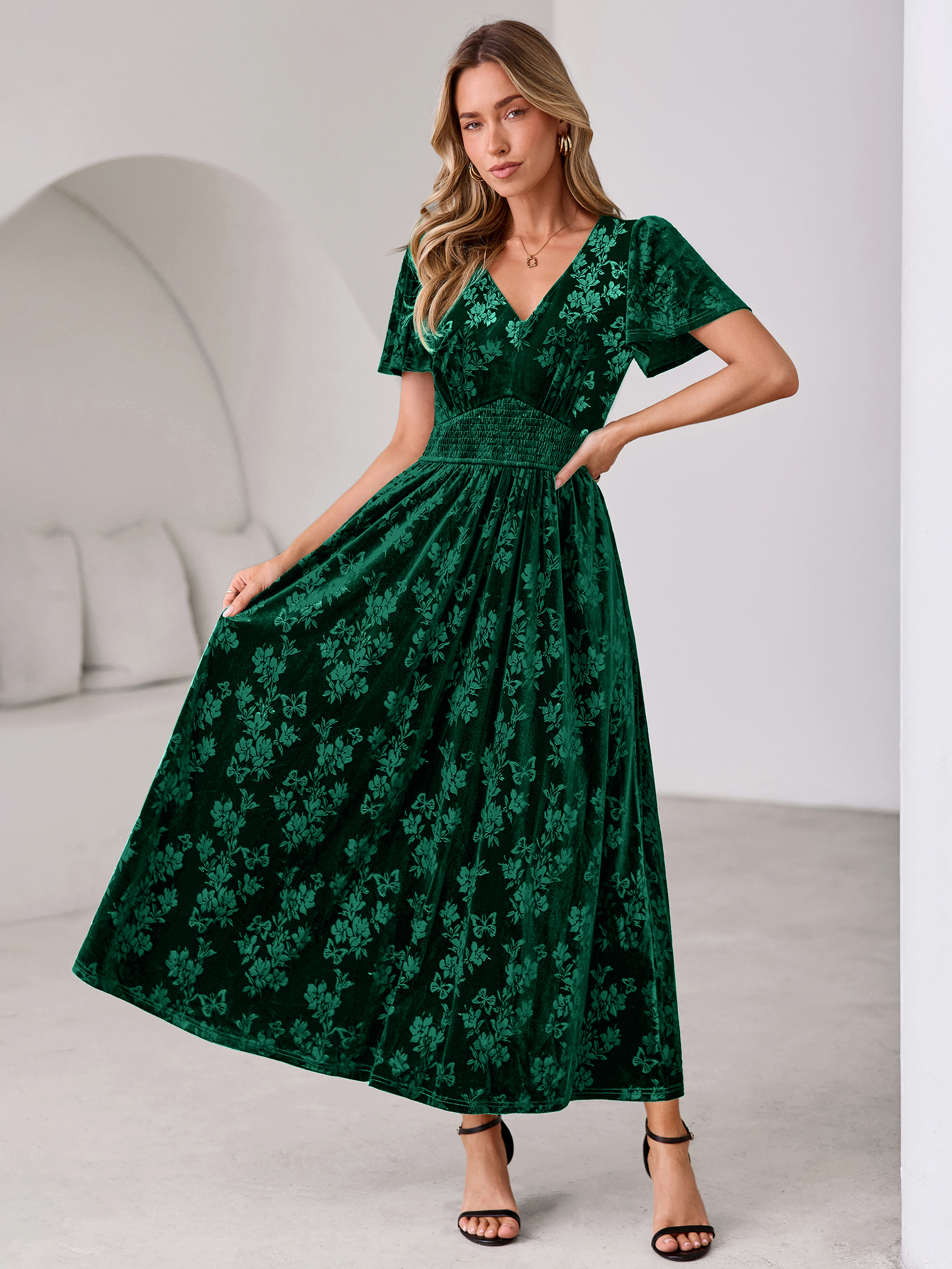 V-Neck Embossed Floral Velvet Maxi Dress