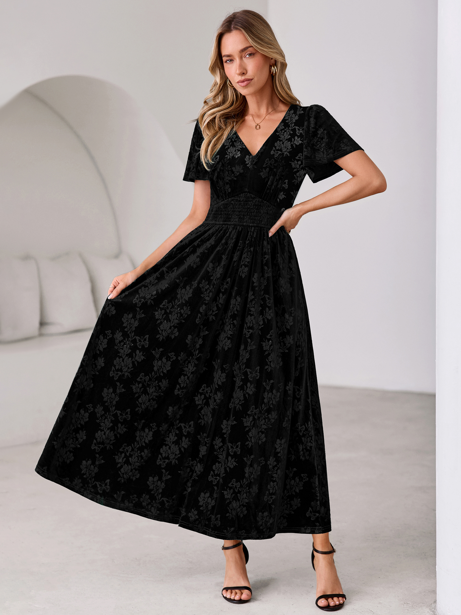 V-Neck Embossed Floral Velvet Maxi Dress