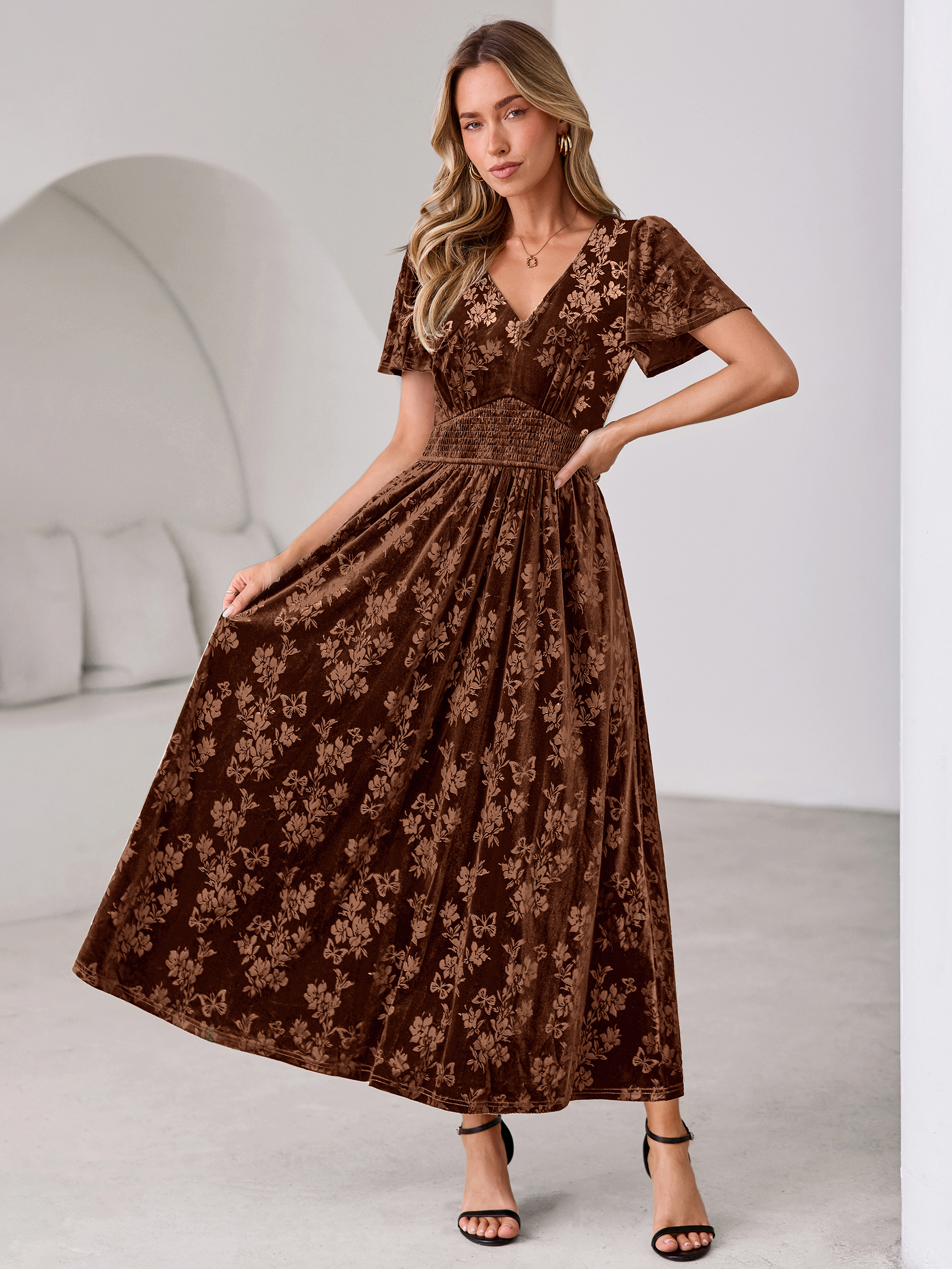V-Neck Embossed Floral Velvet Maxi Dress