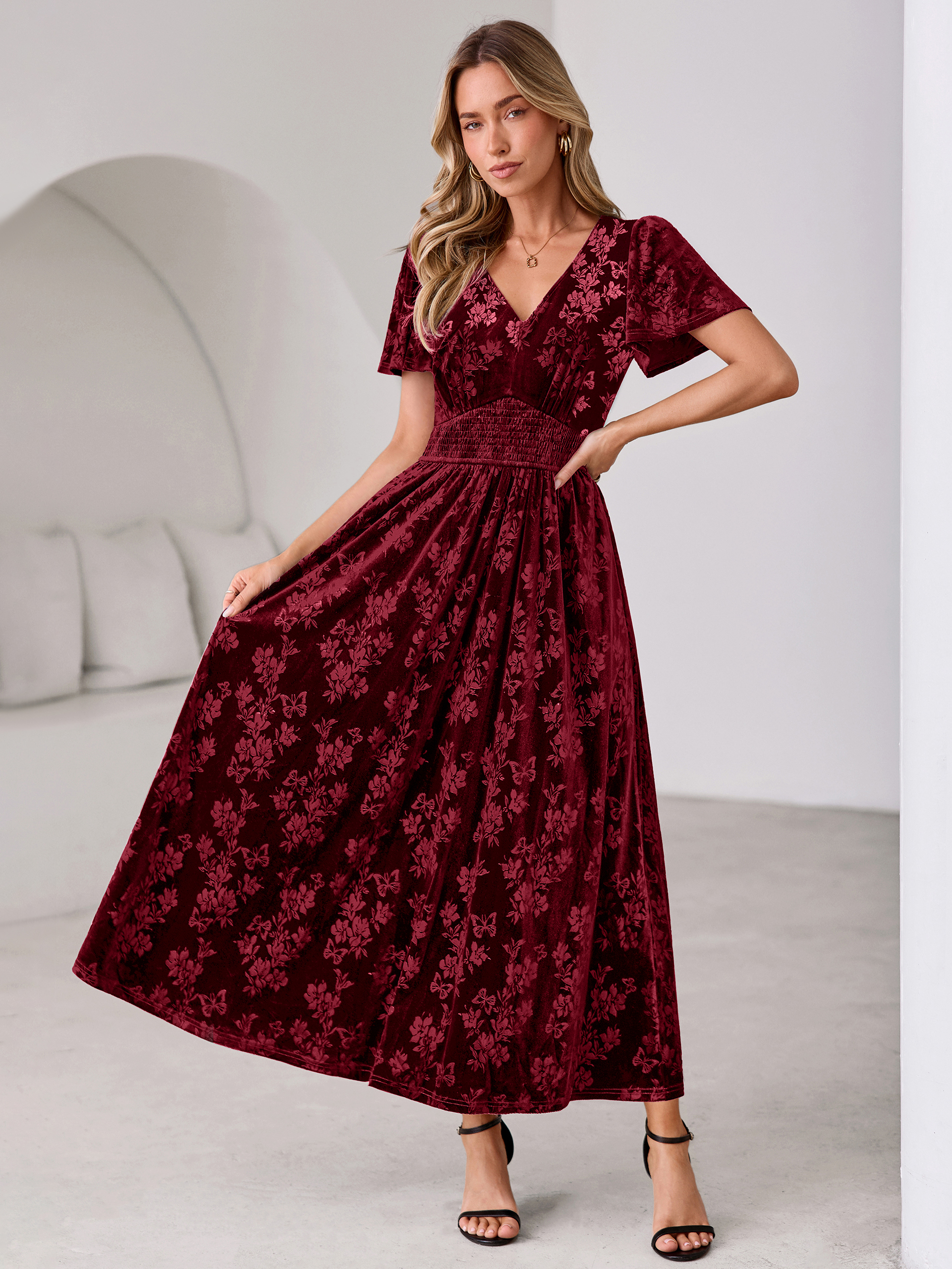 V-Neck Embossed Floral Velvet Maxi Dress