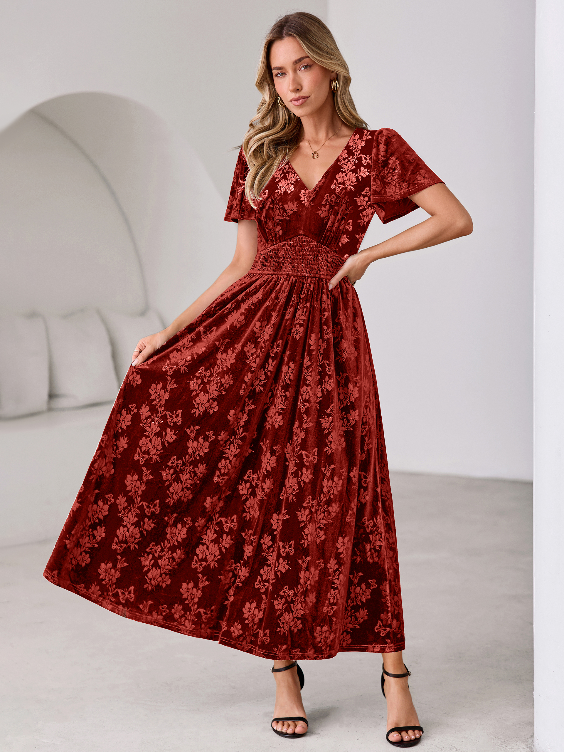 V-Neck Embossed Floral Velvet Maxi Dress