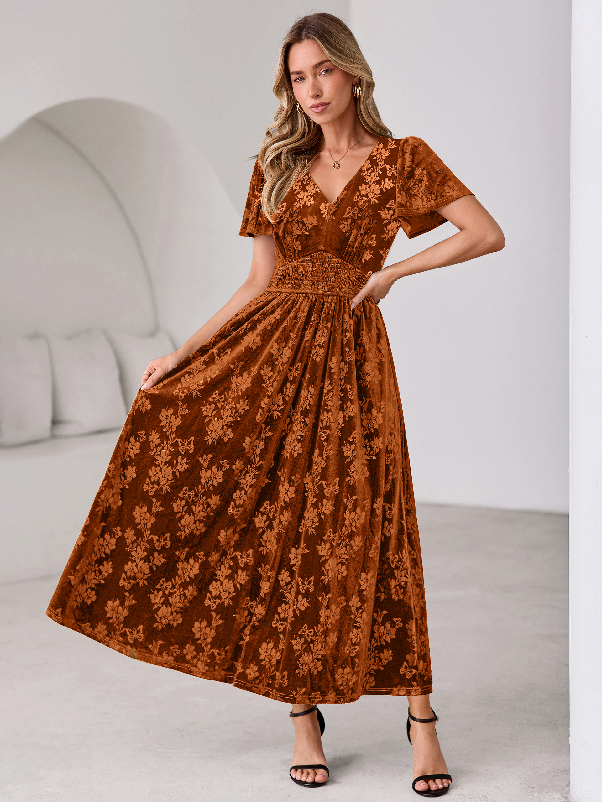 V-Neck Embossed Floral Velvet Maxi Dress