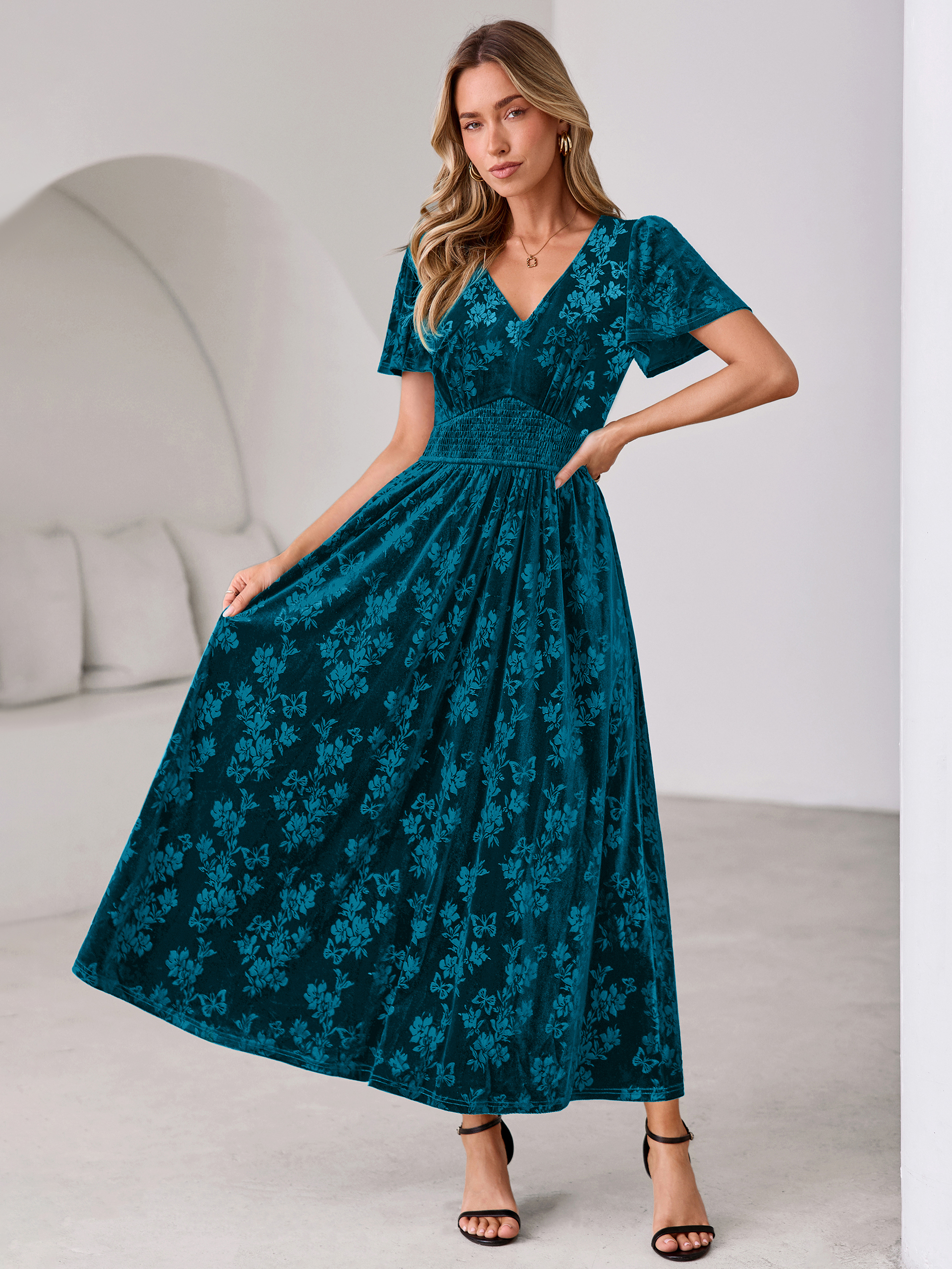 V-Neck Embossed Floral Velvet Maxi Dress