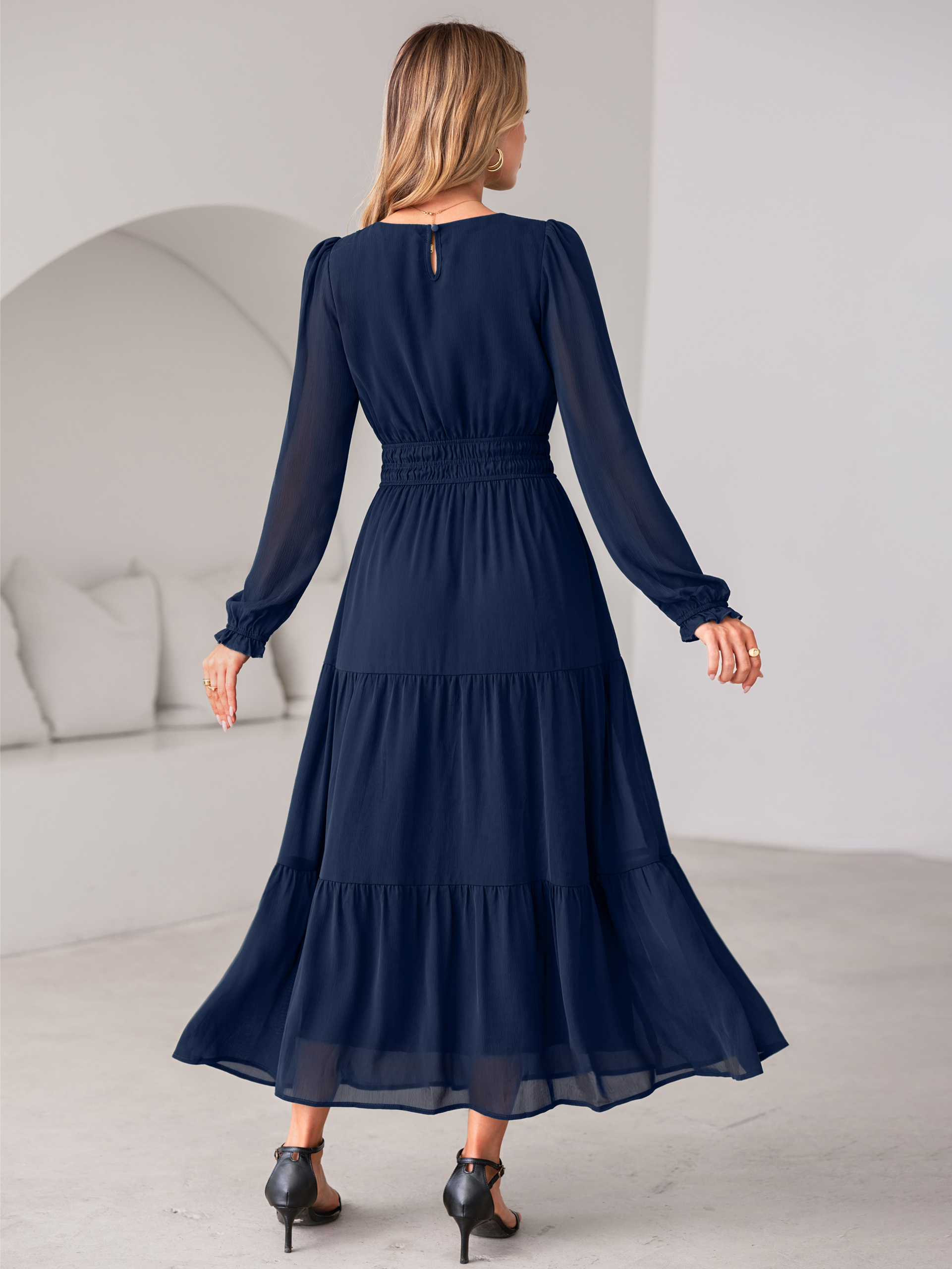 Crewneck Long Sleeve Tiered Chiffon Maxi Dress