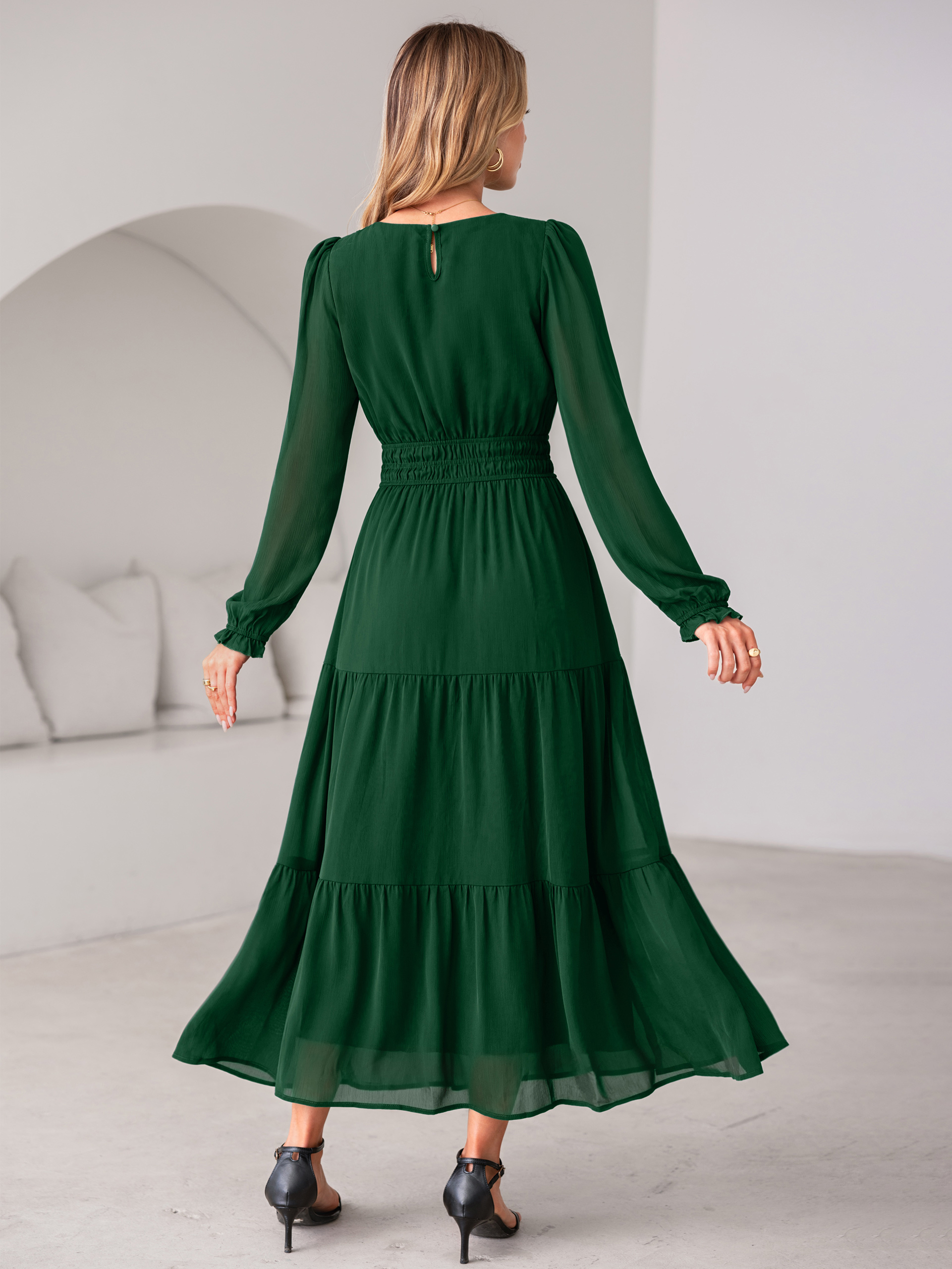 Crewneck Long Sleeve Tiered Chiffon Maxi Dress