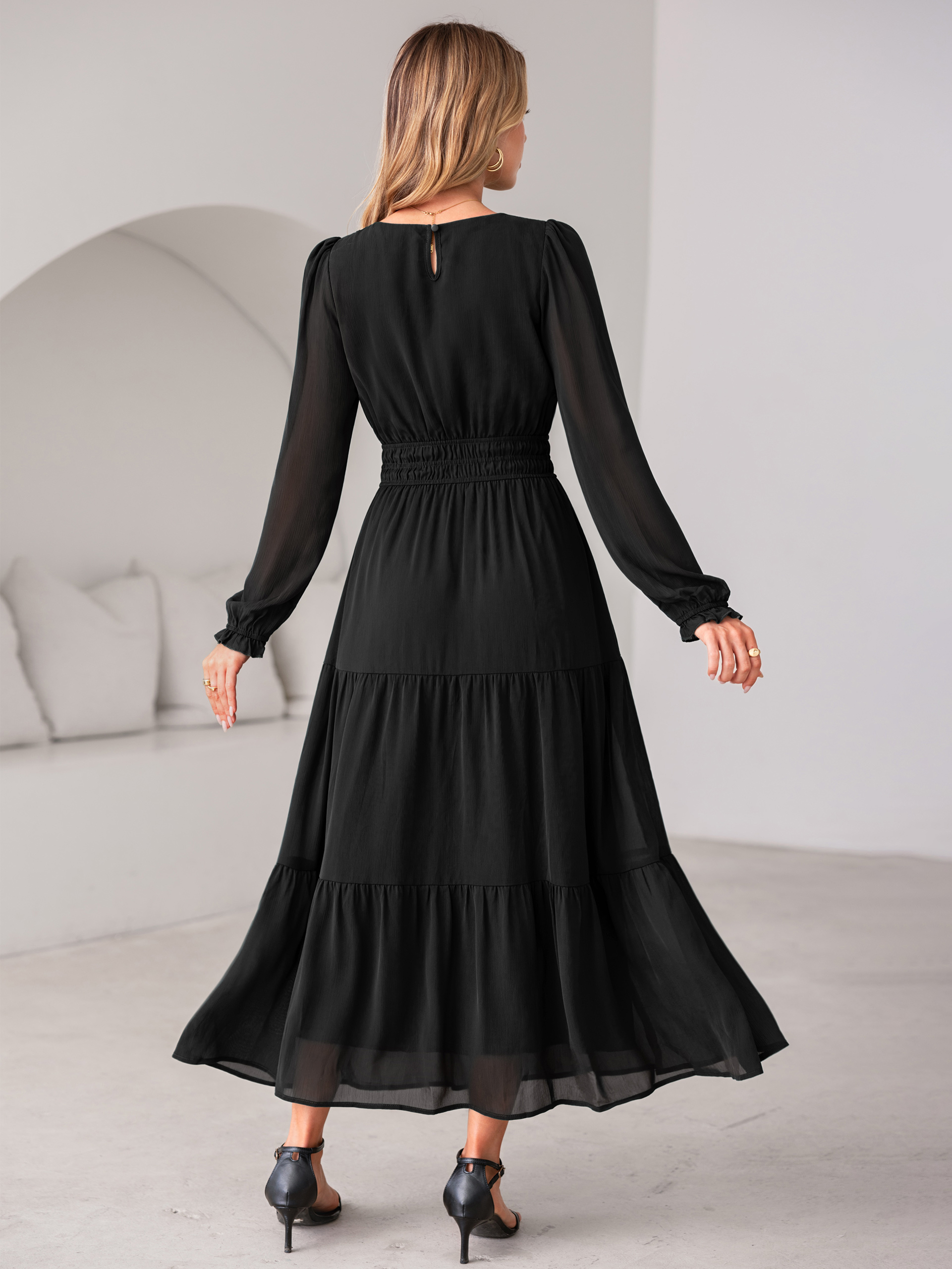 Crewneck Long Sleeve Tiered Chiffon Maxi Dress