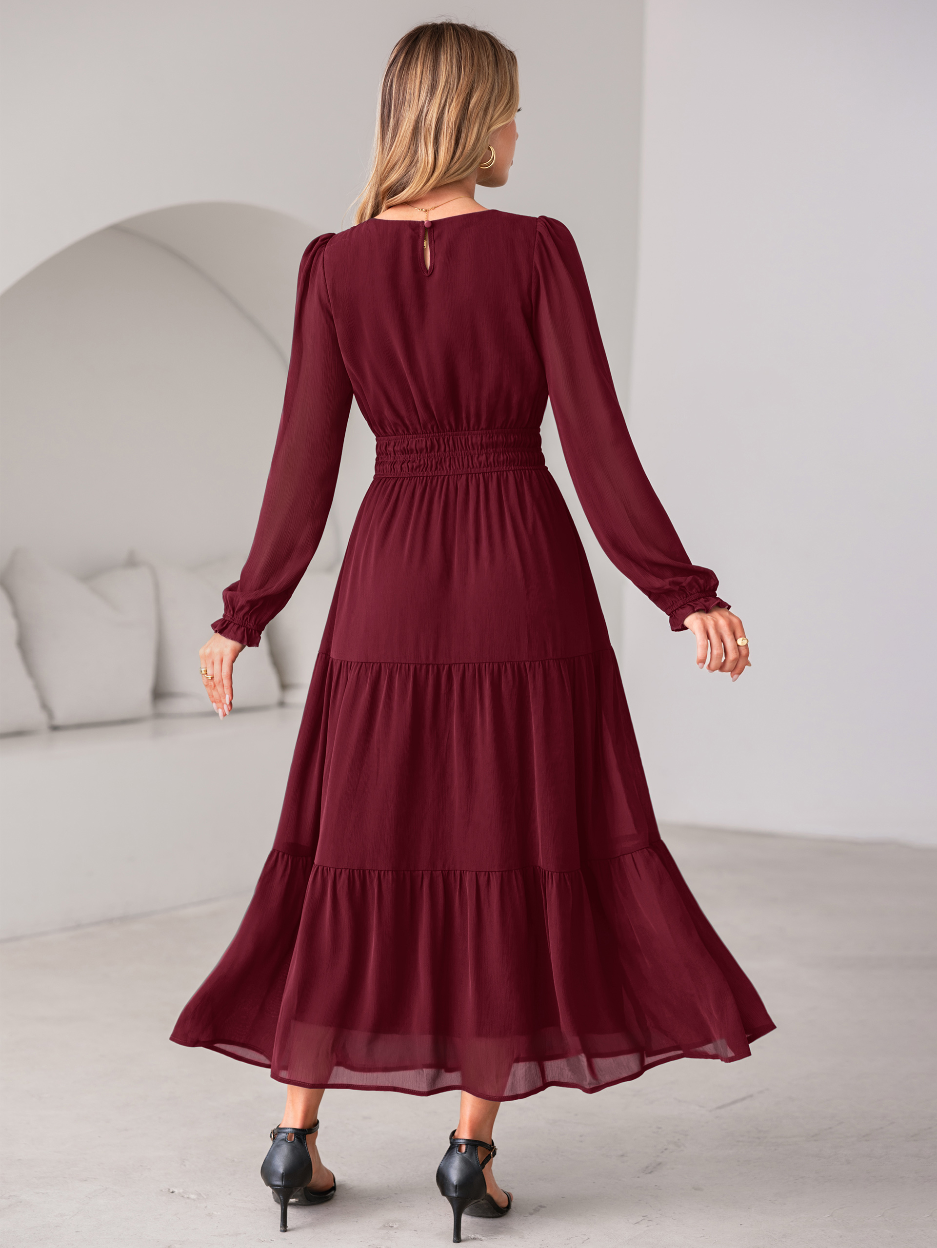 Crewneck Long Sleeve Tiered Chiffon Maxi Dress