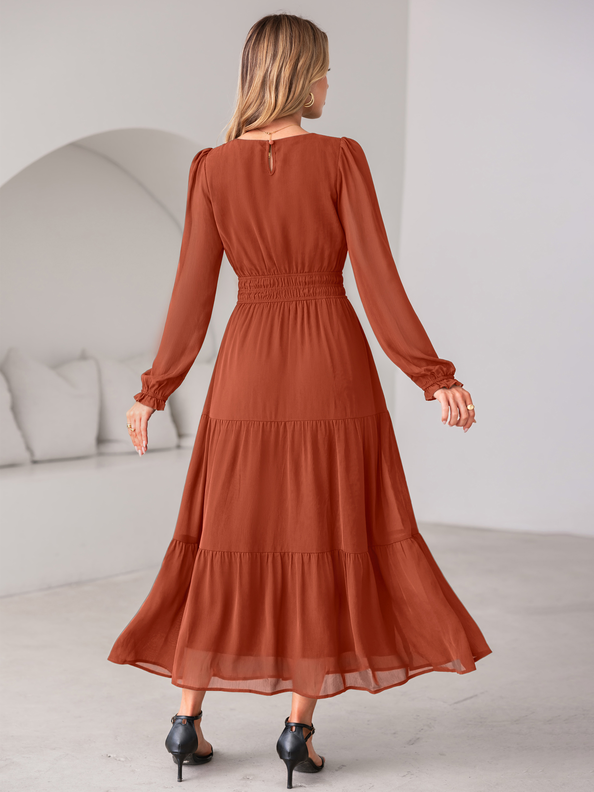 Crewneck Long Sleeve Tiered Chiffon Maxi Dress