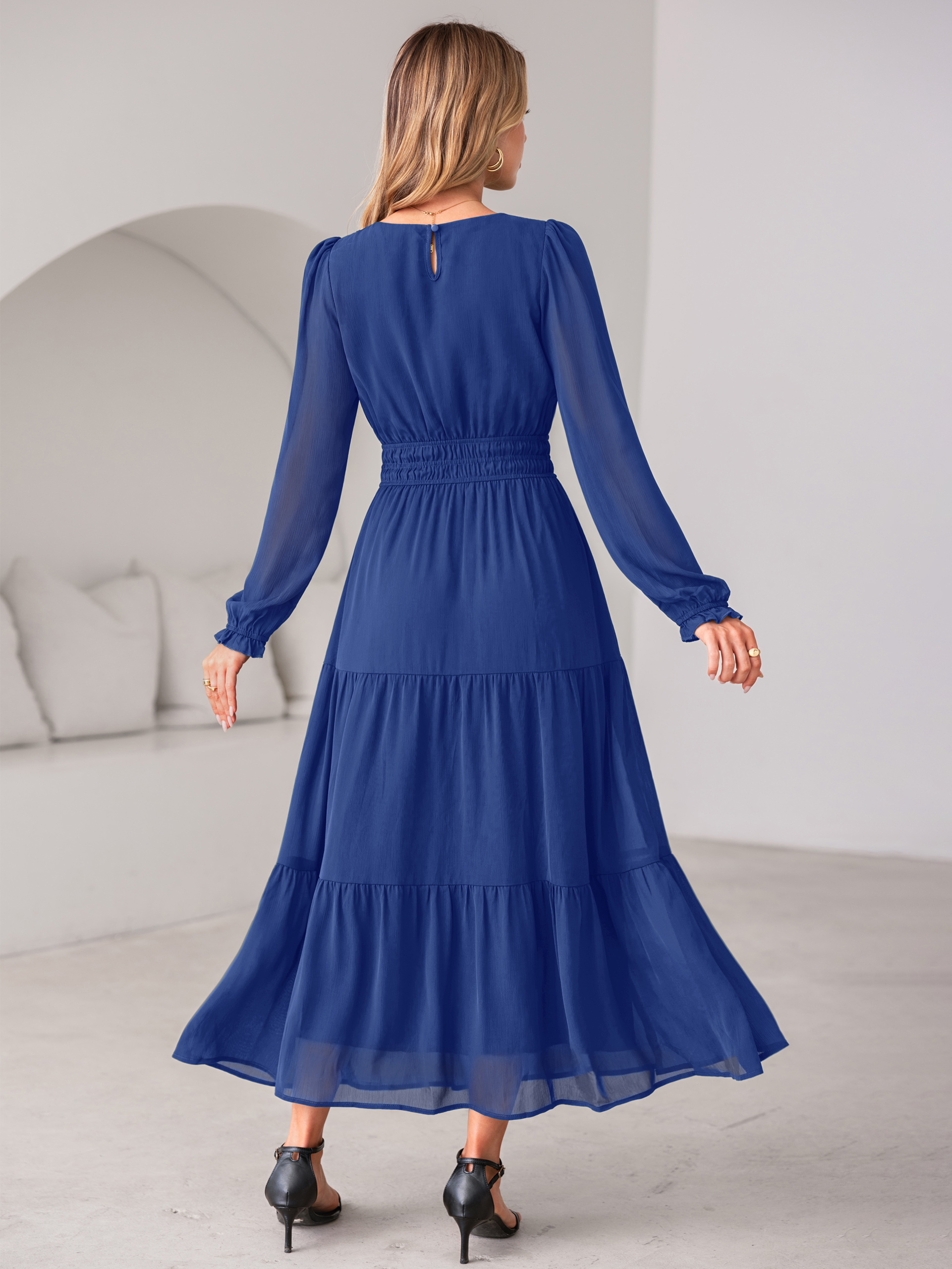 Crewneck Long Sleeve Tiered Chiffon Maxi Dress
