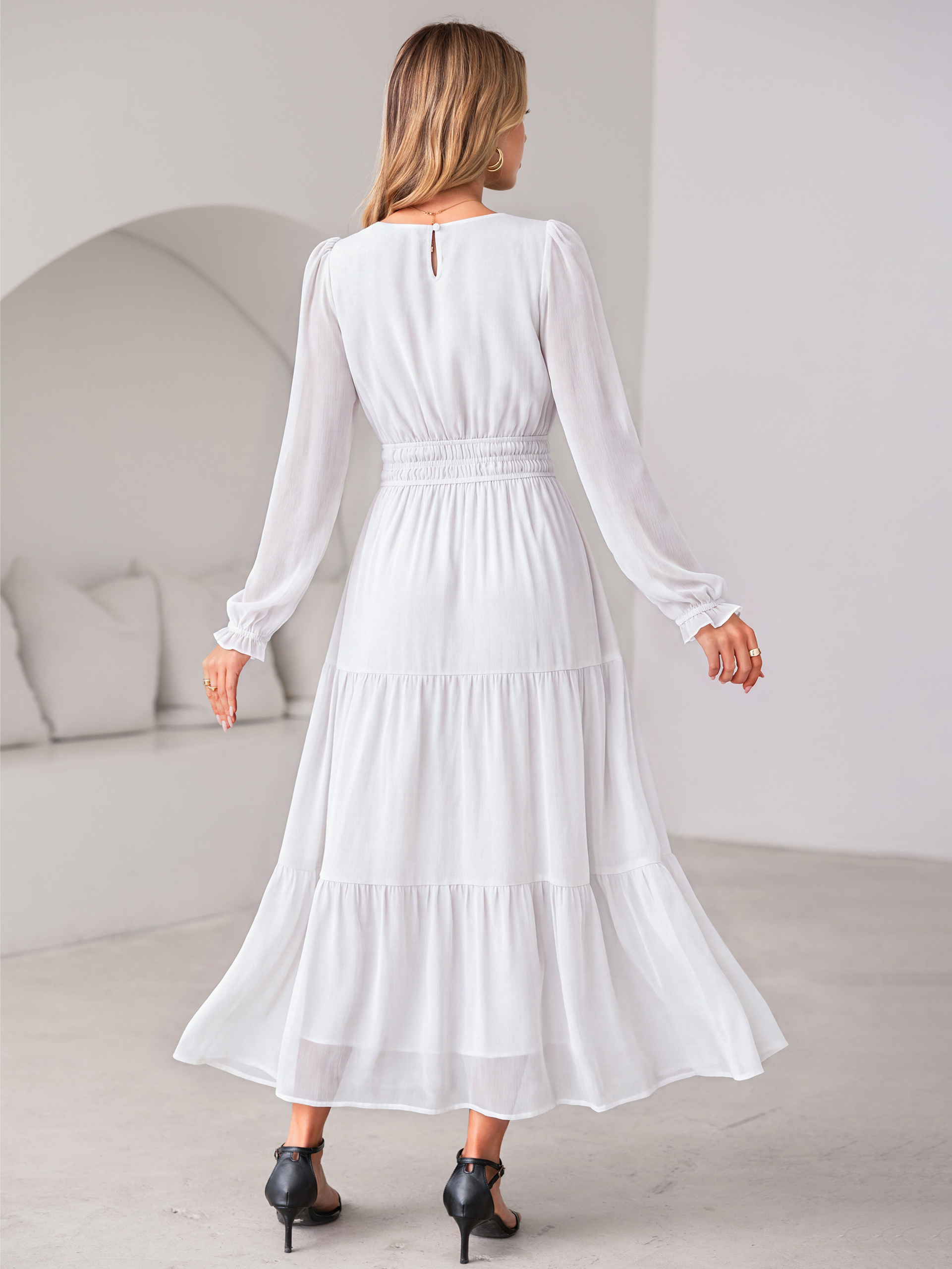 Crewneck Long Sleeve Tiered Chiffon Maxi Dress