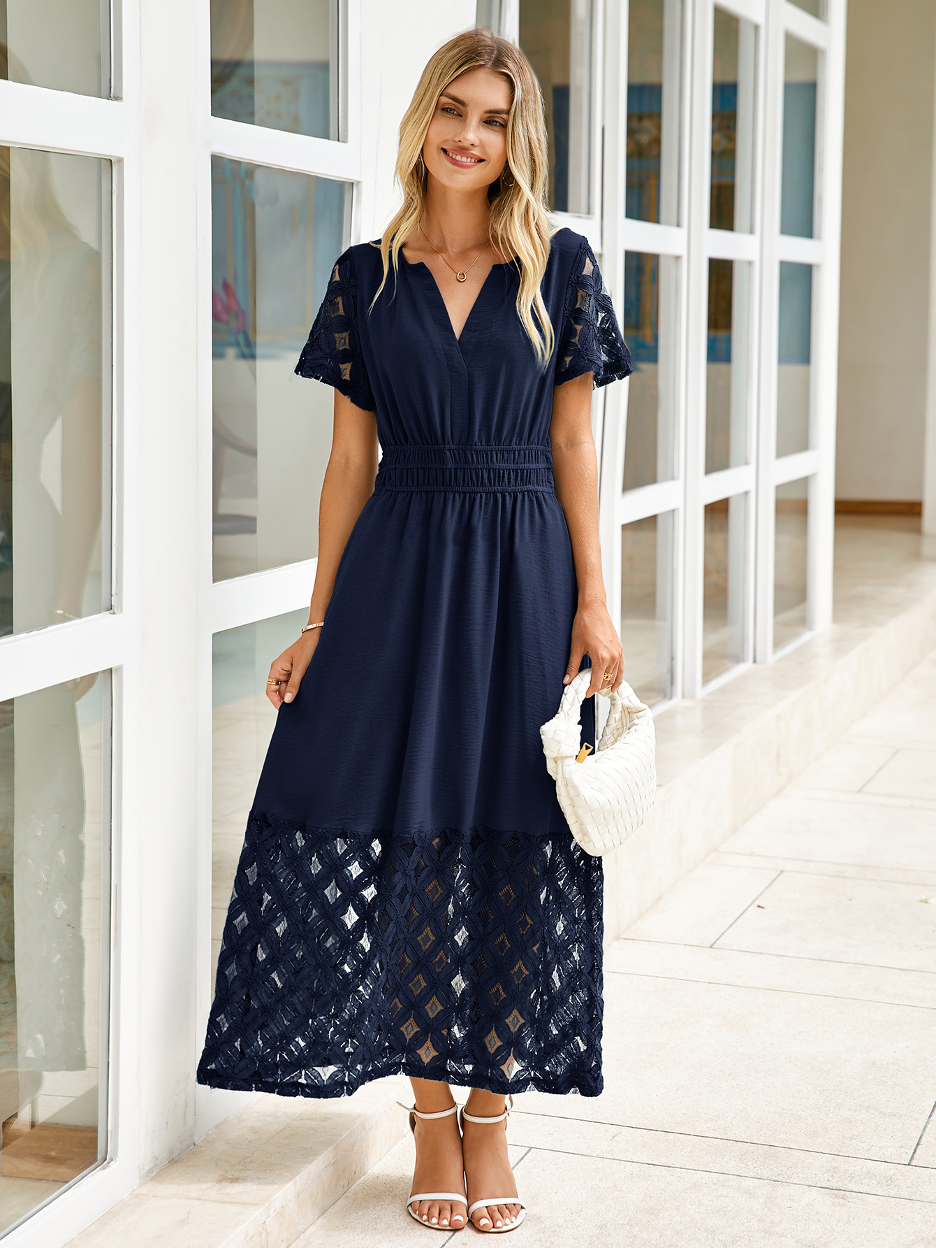 Lace Boho V Neck Short Sleeve Tiered Maxi Dress - Navy Blue