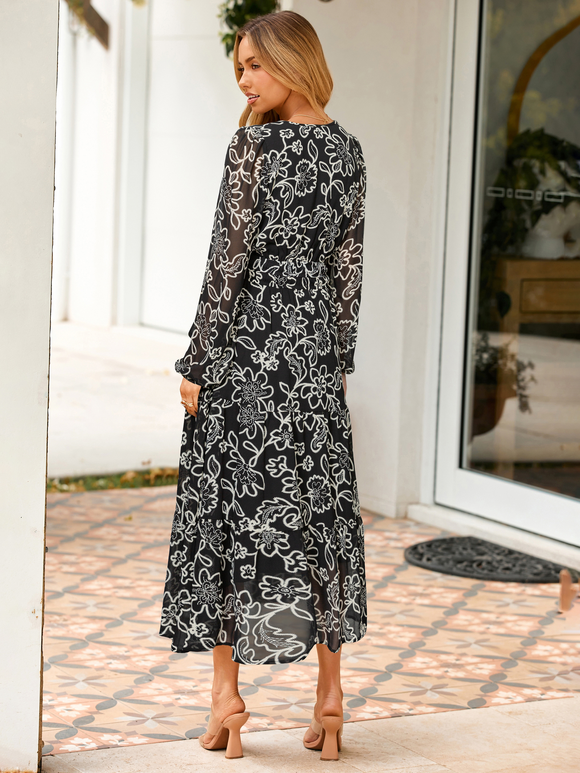 Boho Floral Long Sleeve Wedding Guest Maxi Dress