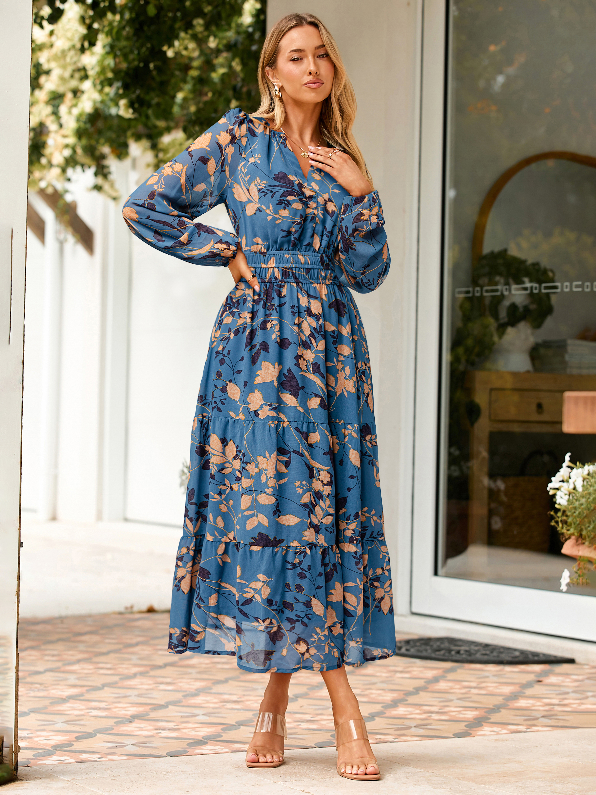 Boho Floral Long Sleeve Wedding Guest Maxi Dress