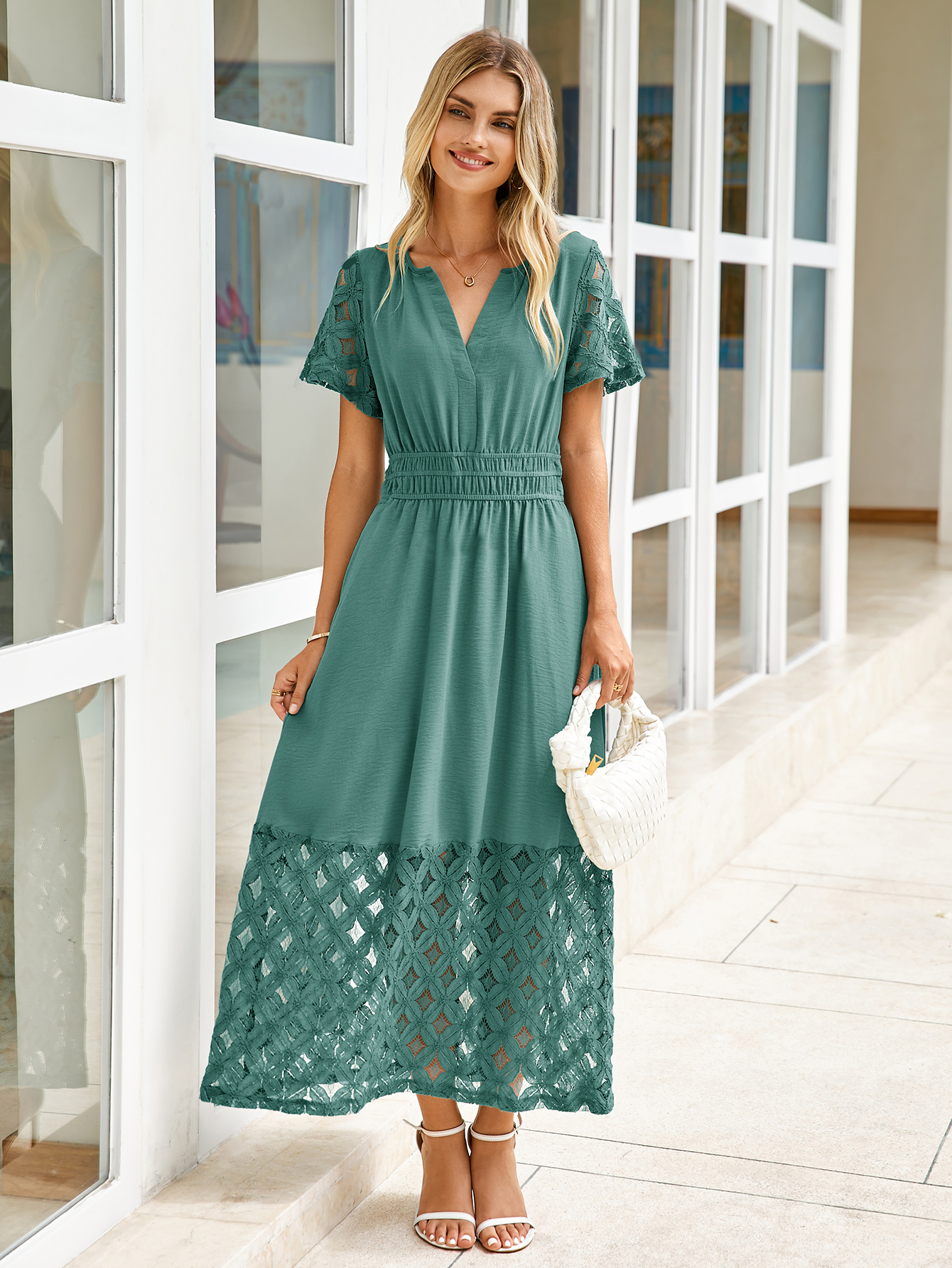 Lace Boho V Neck Short Sleeve Tiered Maxi Dress - Teal
