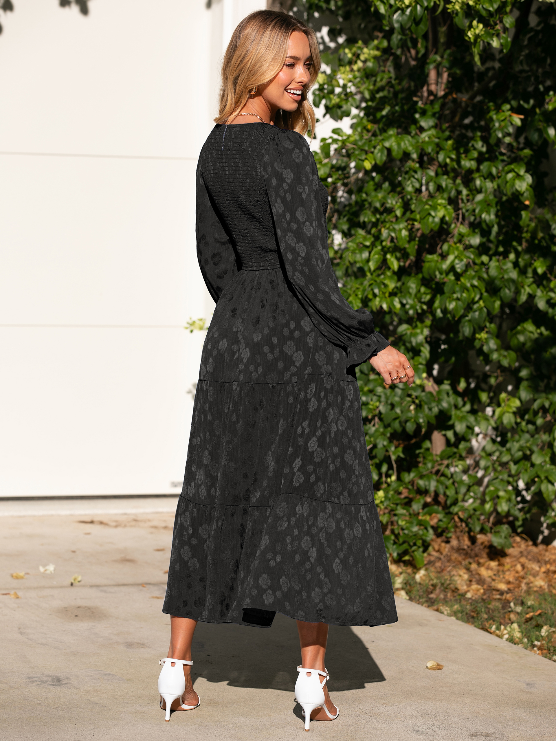 Smocked Tiered V Neck Wedding Guest Maxi Dress