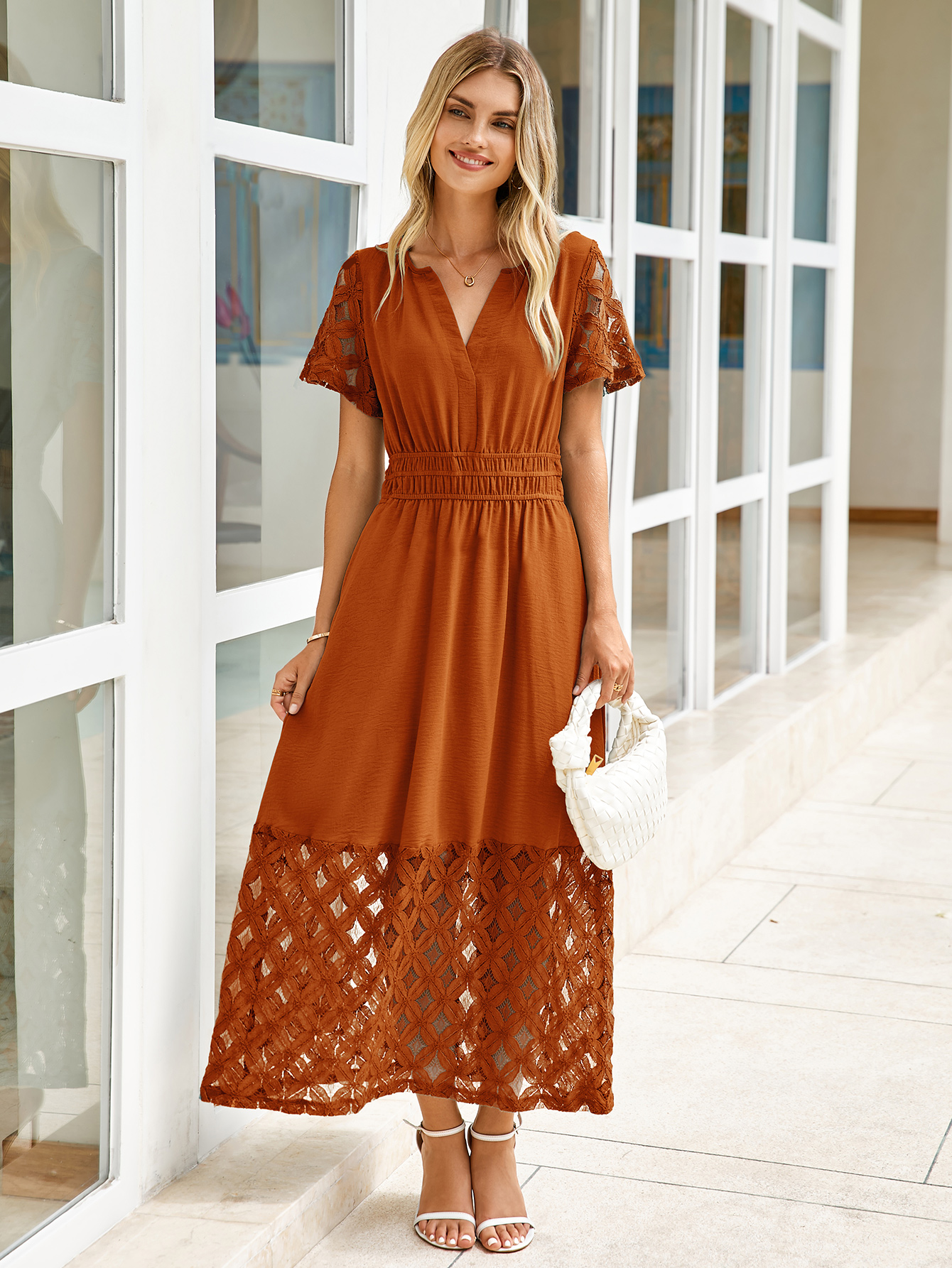 Lace Boho V Neck Short Sleeve Tiered Maxi Dress - Orange
