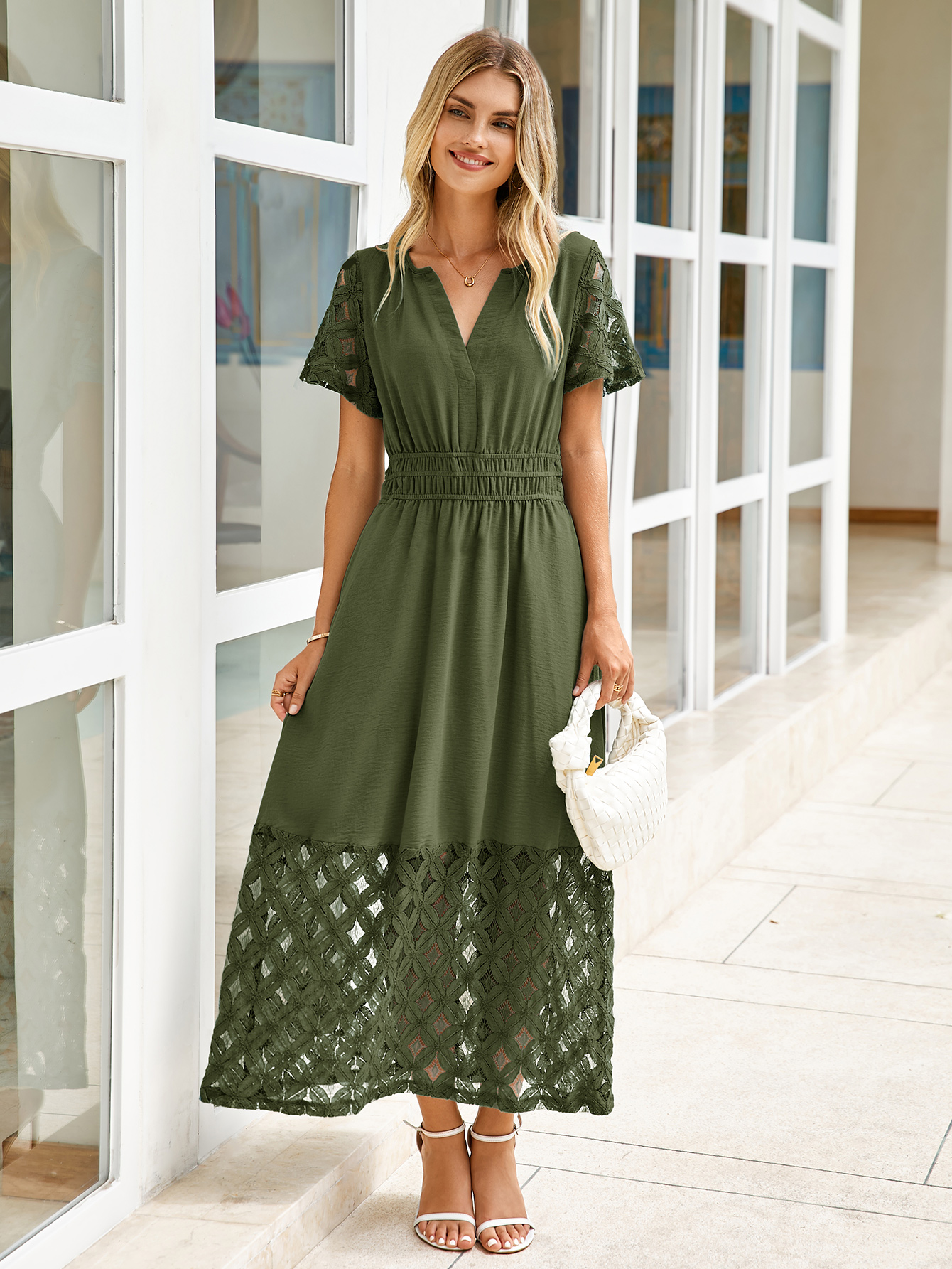 Lace Boho V Neck Short Sleeve Tiered Maxi Dress - Army Green