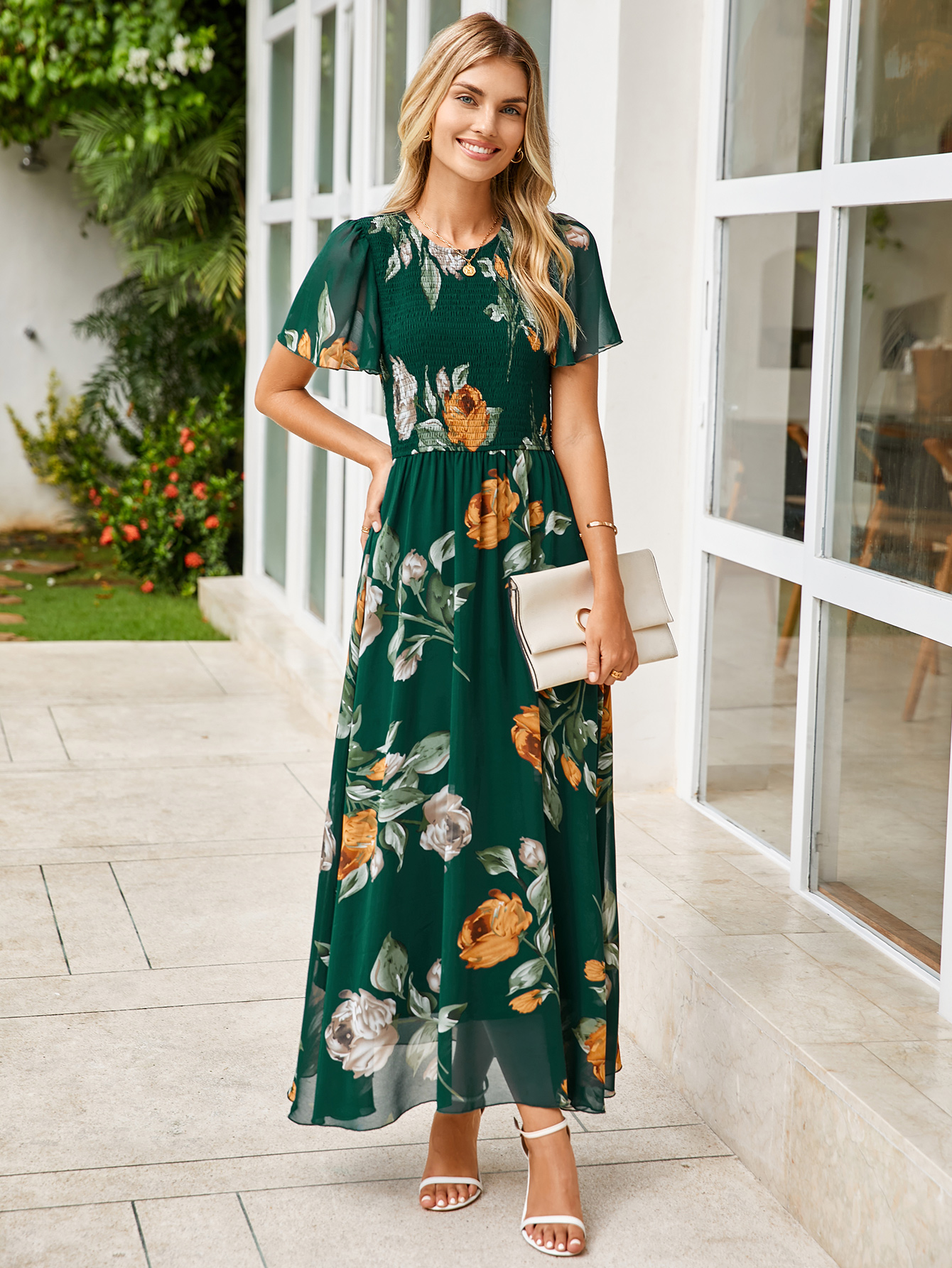 Chiffon Flutter Sleeve Smocked Floral Maxi Dress - Dark Green