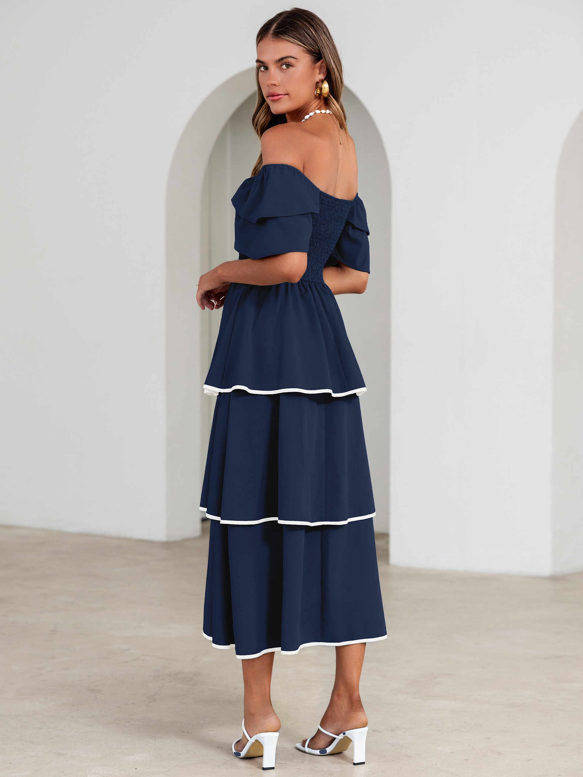 Ruched Off Shoulder Tiered Maxi Dress - Navy Blue