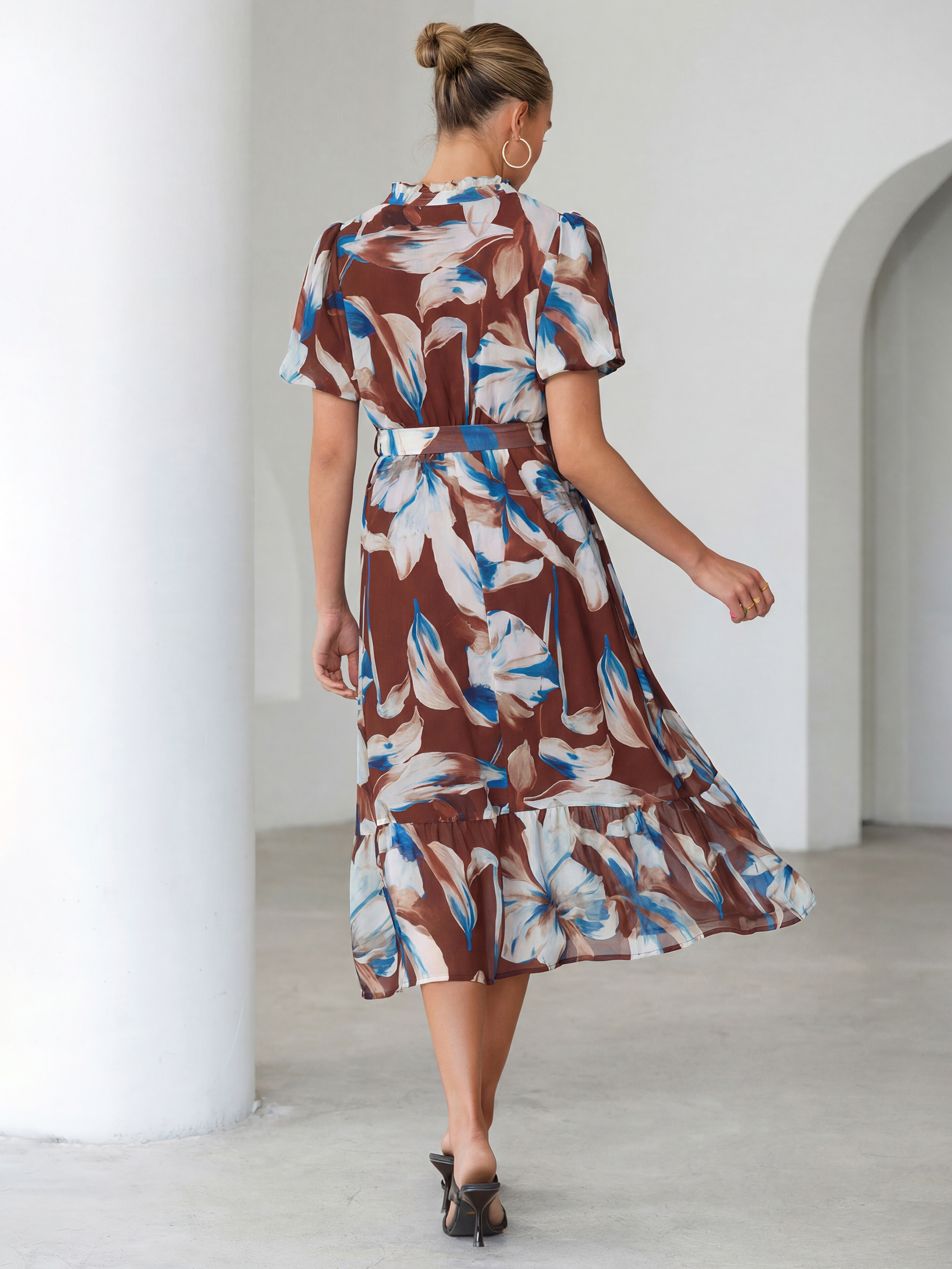 Floral V Neck Belted Tiered Maxi Dress