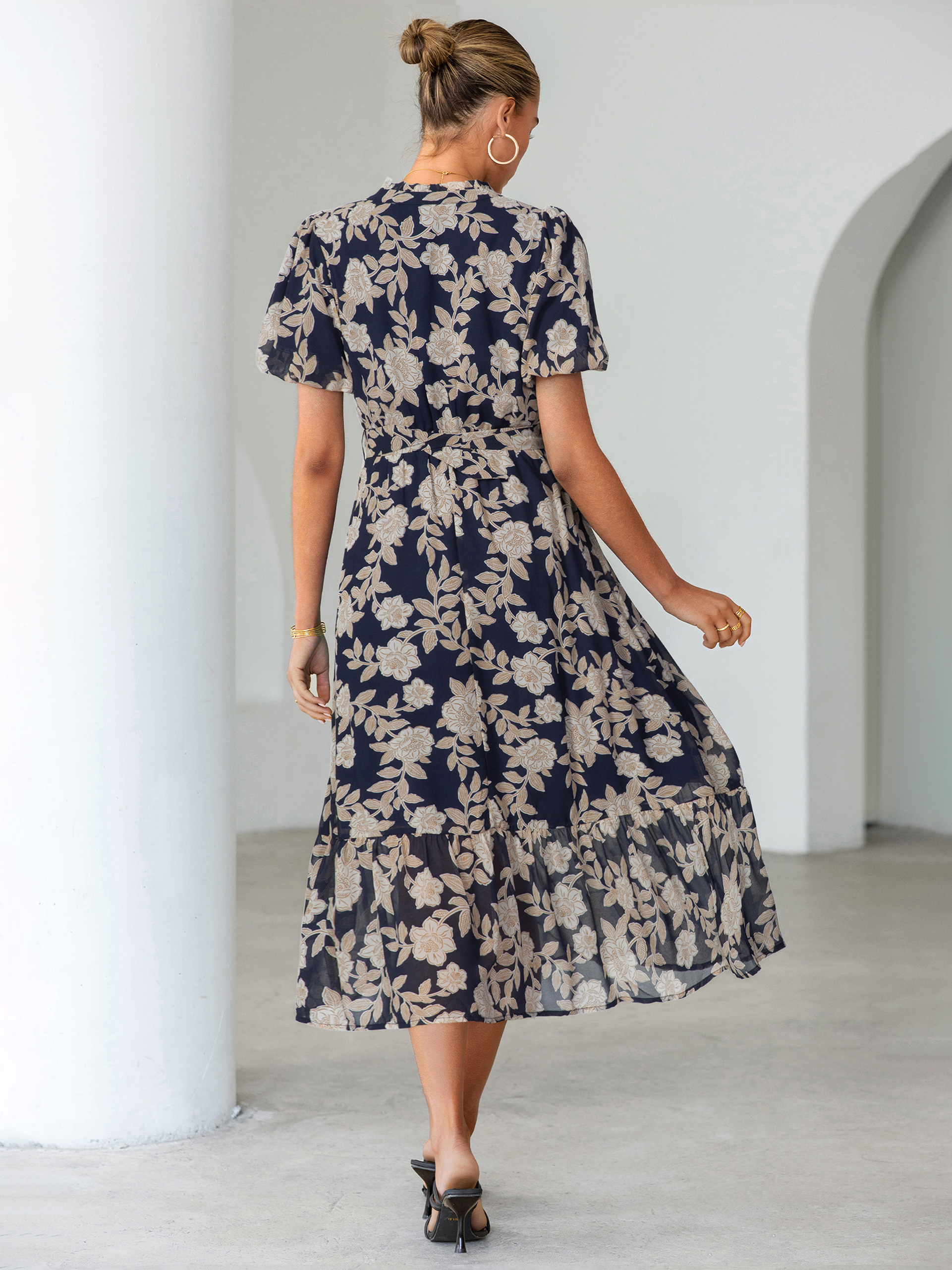 Floral V Neck Belted Tiered Maxi Dress