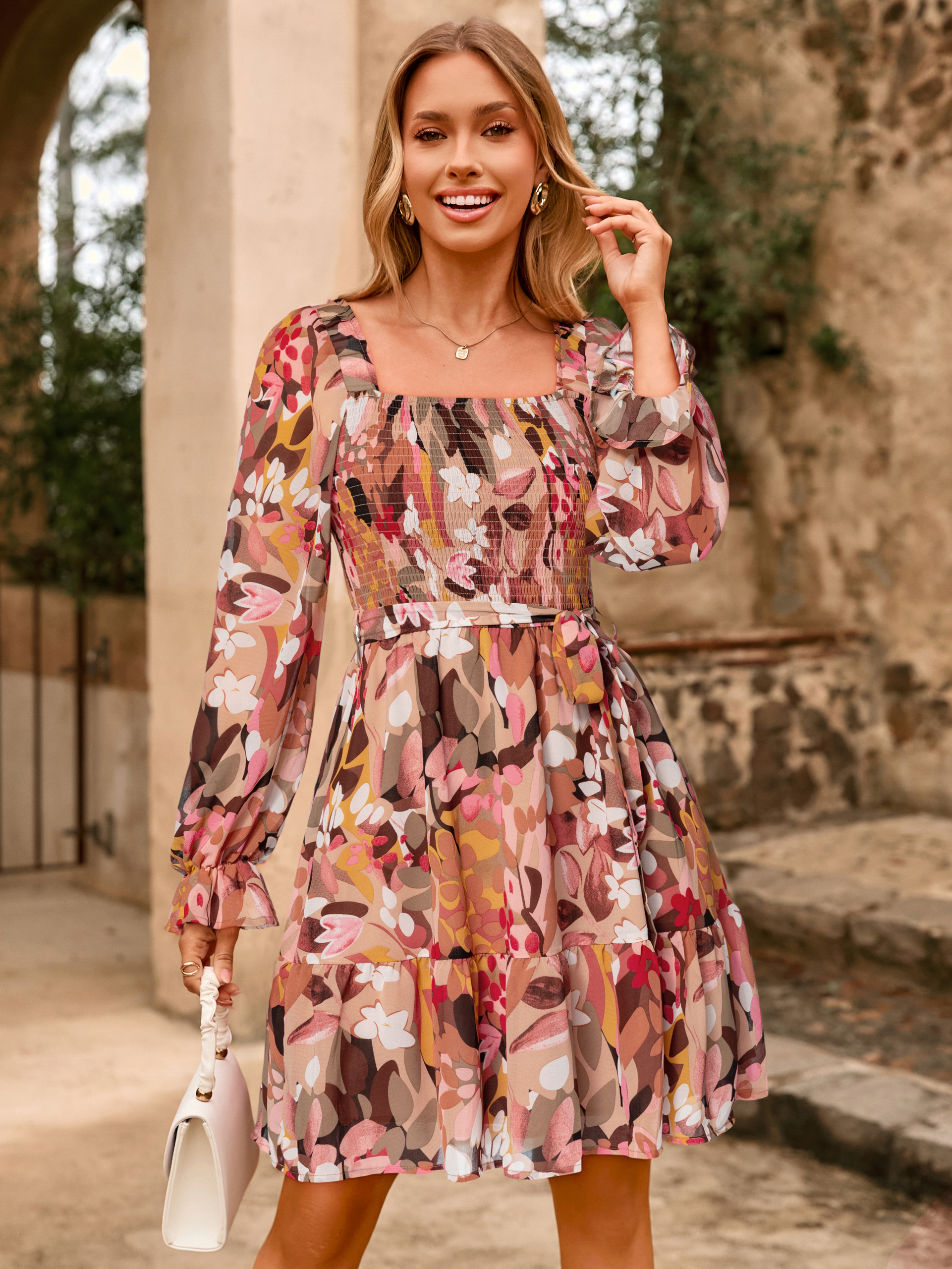 Boho Floral Chiffon Smocked Mini Dress