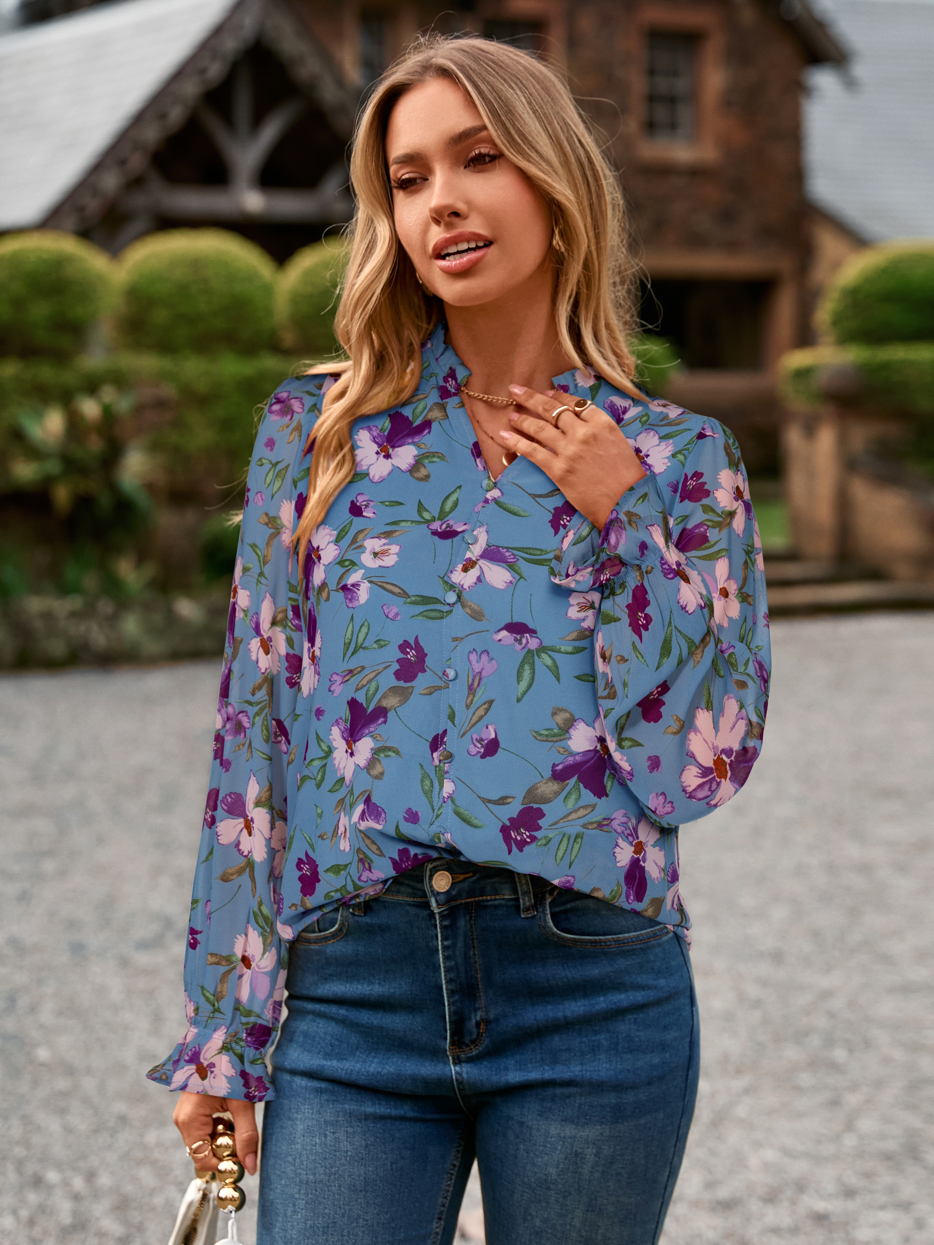 Floral V Neck Puff Sleeve Chiffon Blouse