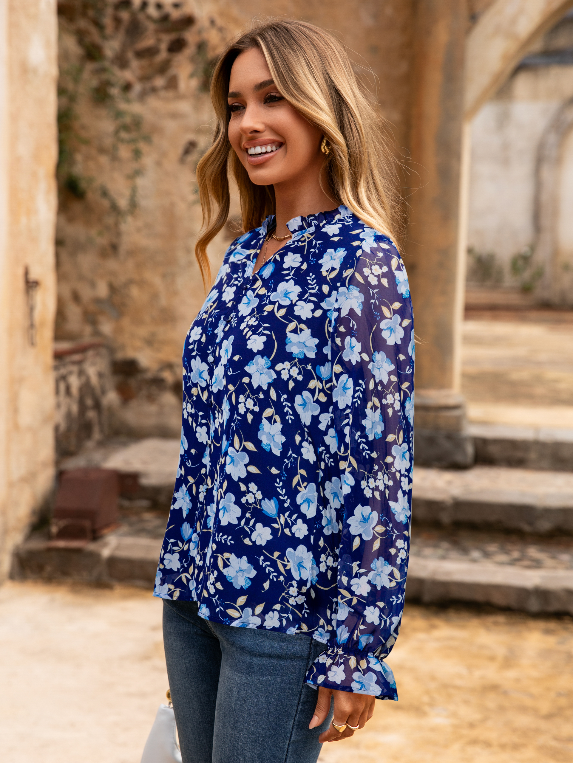 Floral V Neck Puff Sleeve Chiffon Blouse