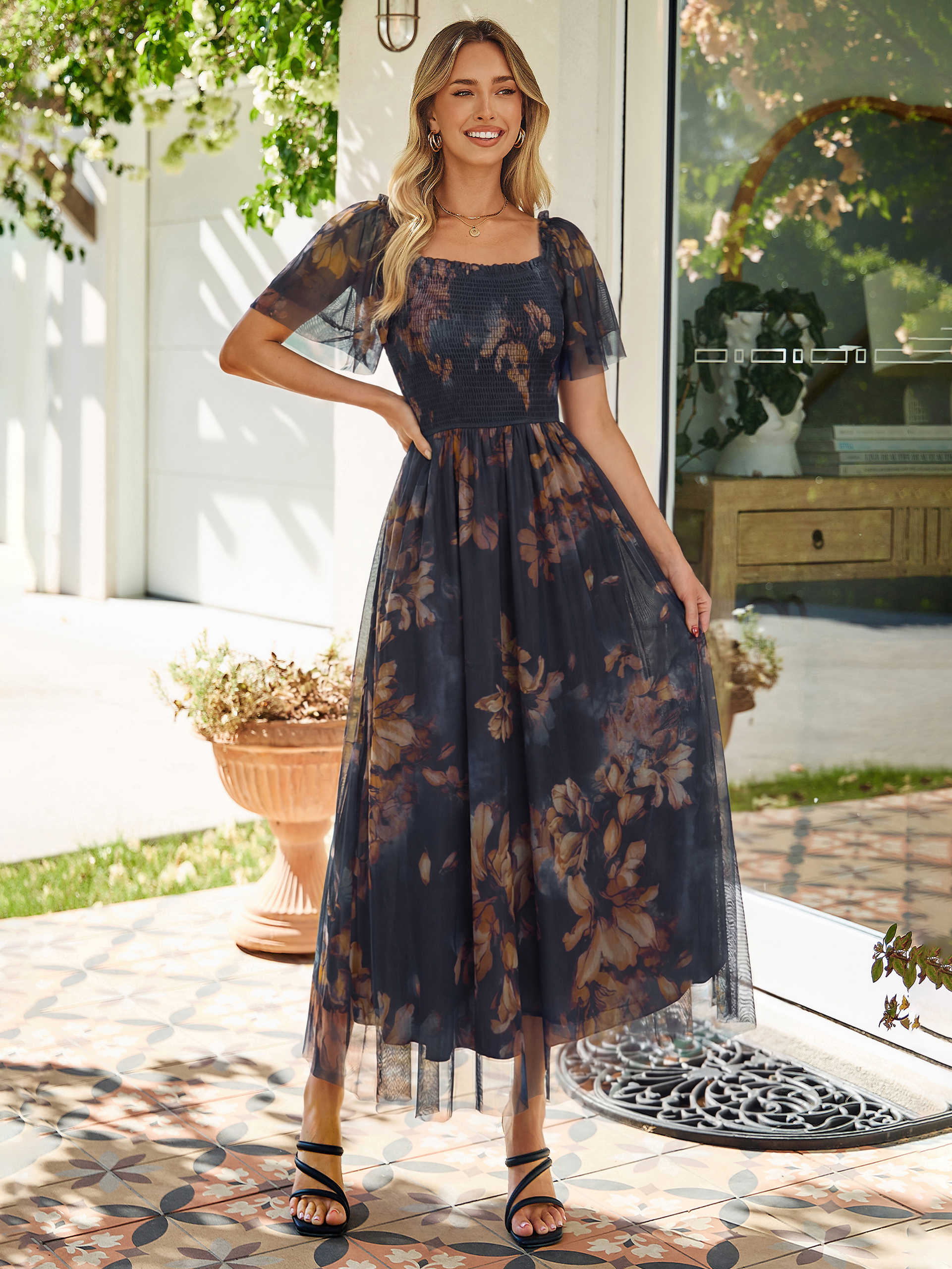 Floral Square Neck Smocked Flutter Sleeve Maxi Dress - Floral Navy Brown