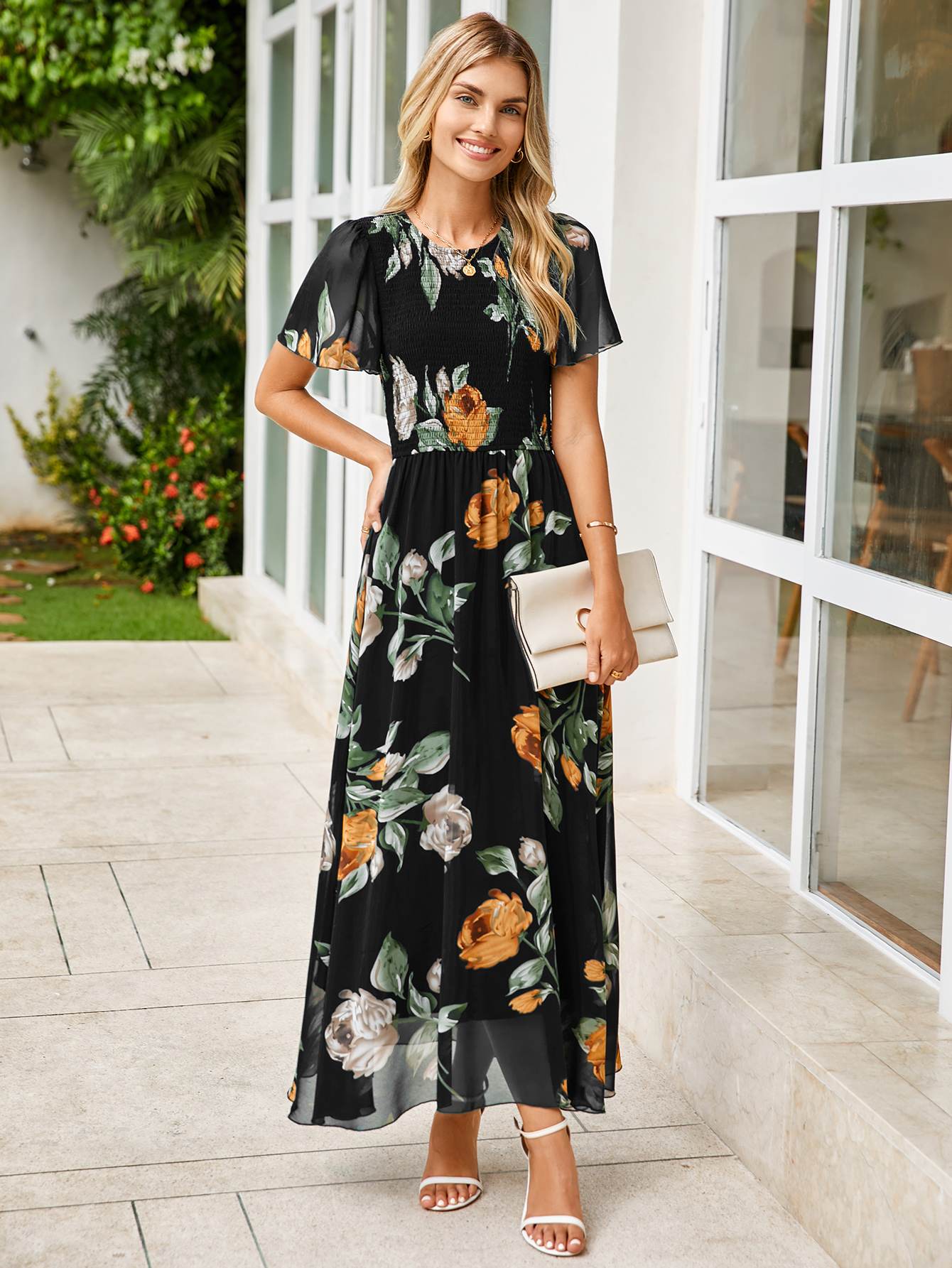 Chiffon Flutter Sleeve Smocked Floral Maxi Dress - Black