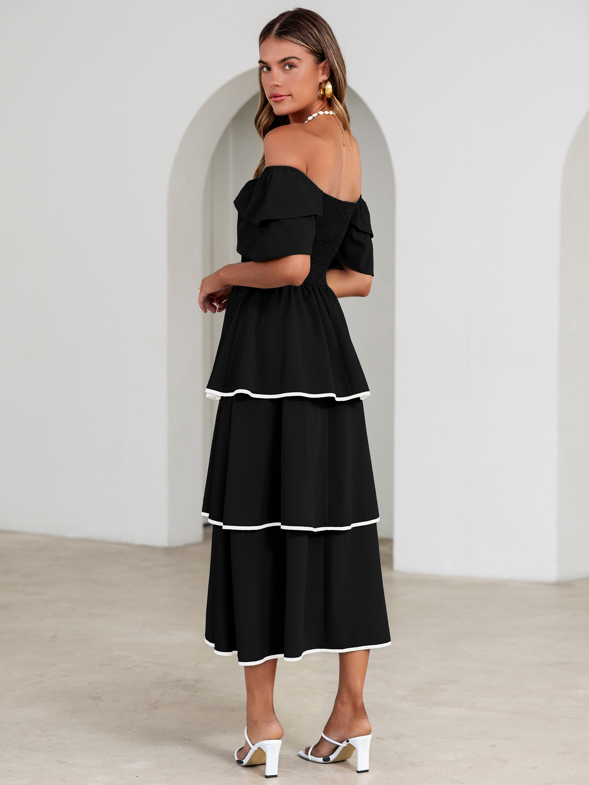 Ruched Off Shoulder Tiered Maxi Dress - Black