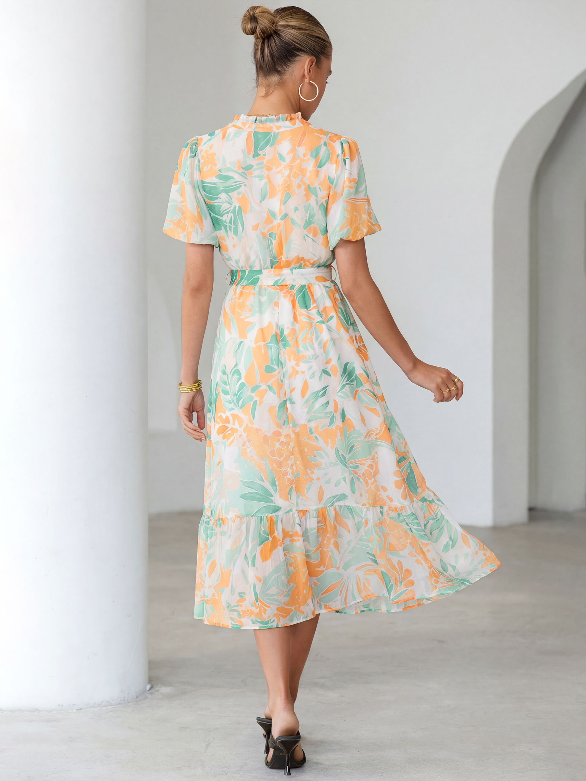 Floral V Neck Belted Tiered Maxi Dress