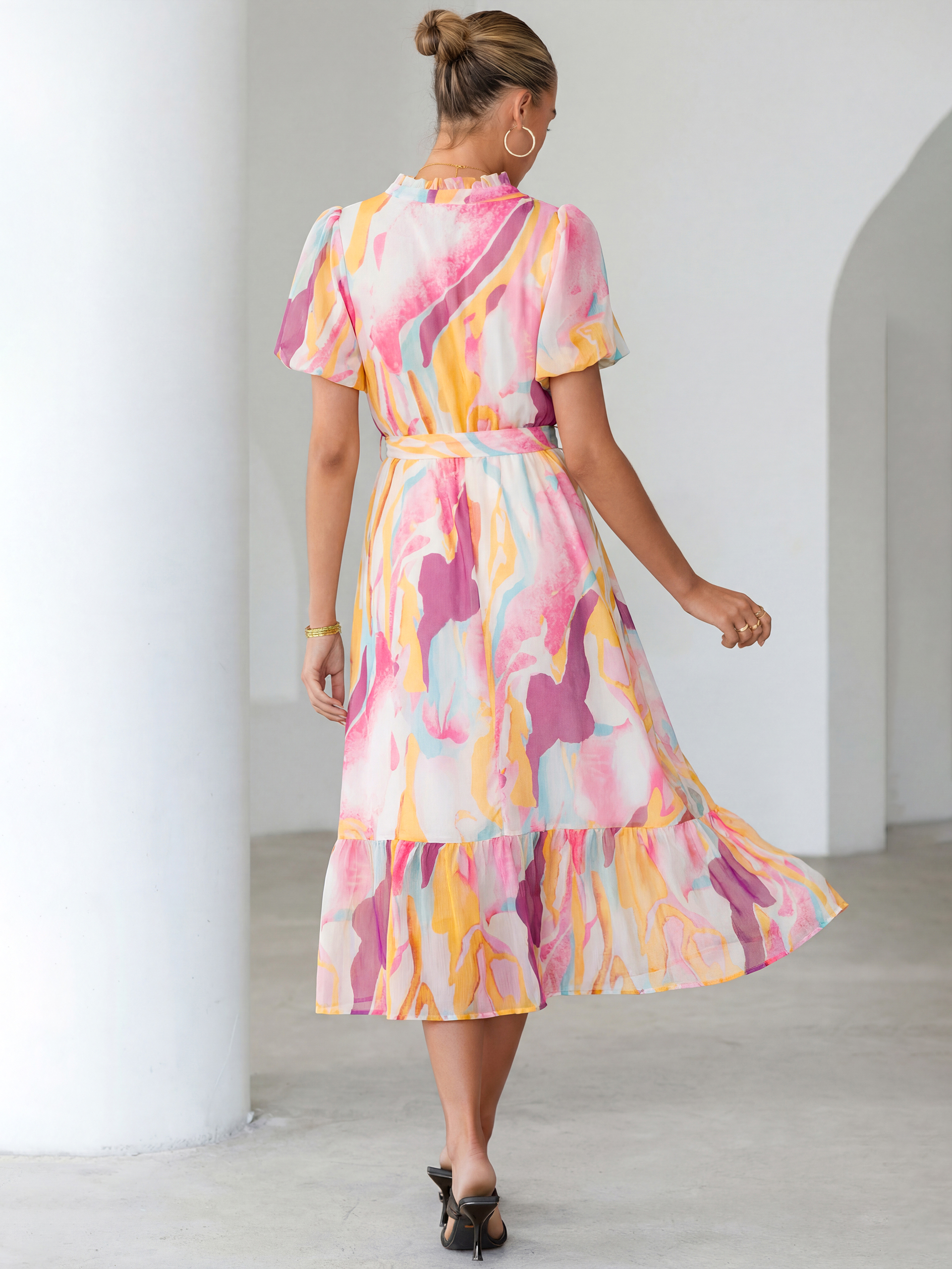 Floral V Neck Belted Tiered Maxi Dress