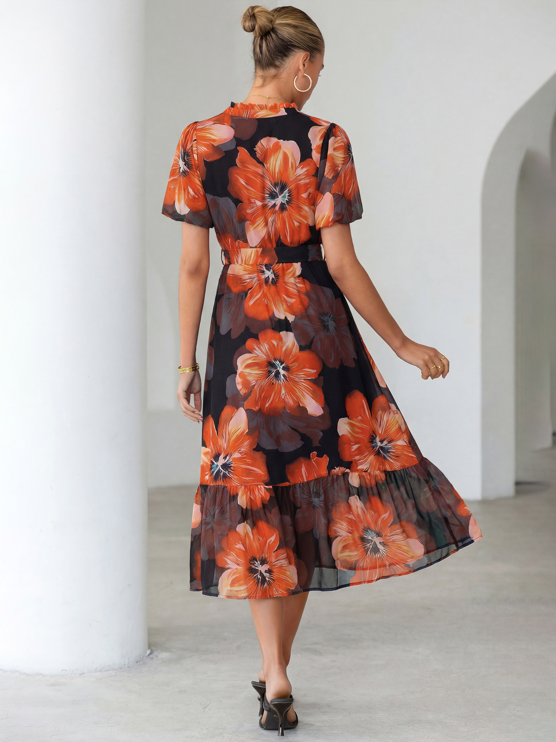 Floral V Neck Belted Tiered Maxi Dress