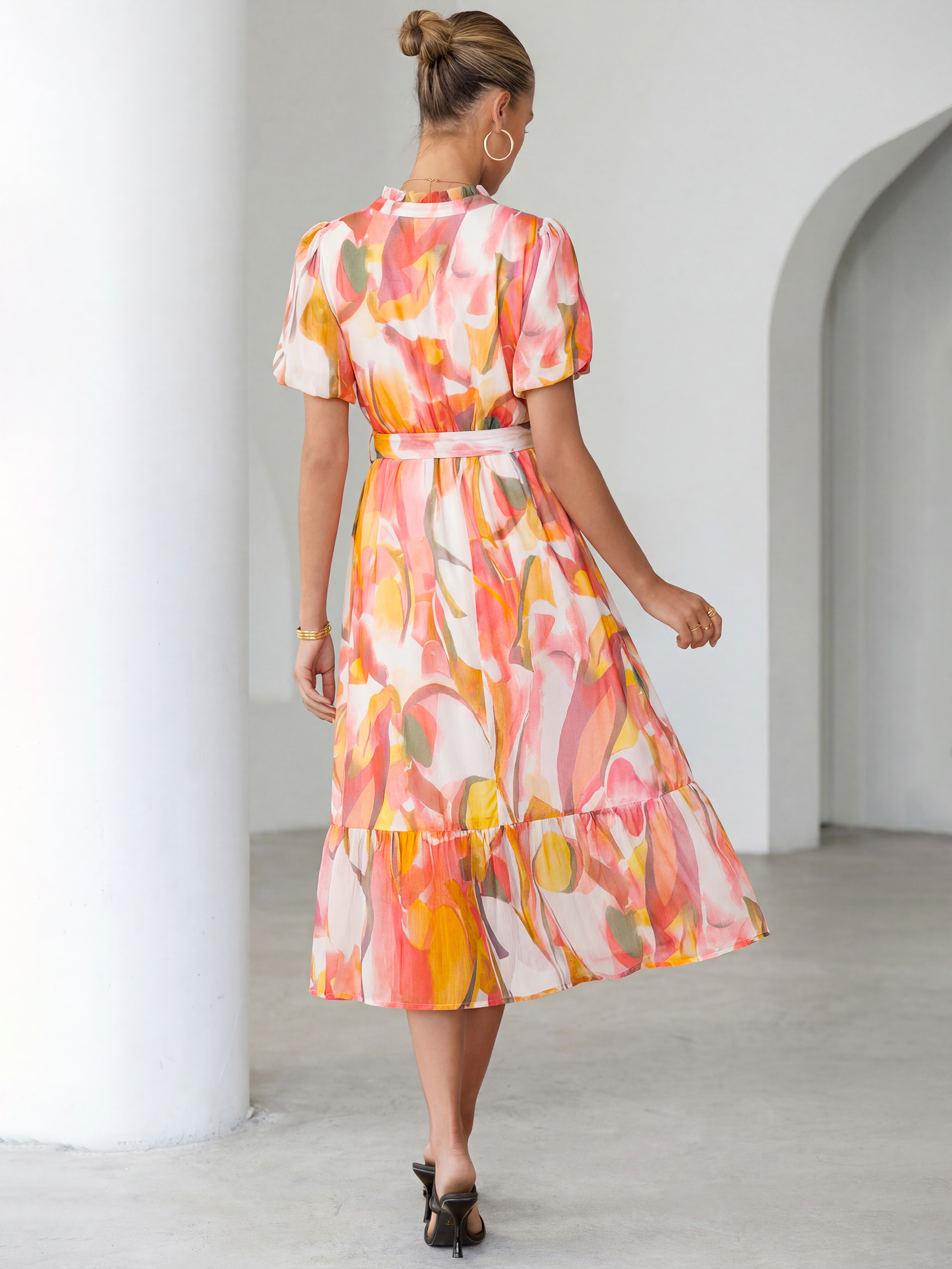 Floral V Neck Belted Tiered Maxi Dress