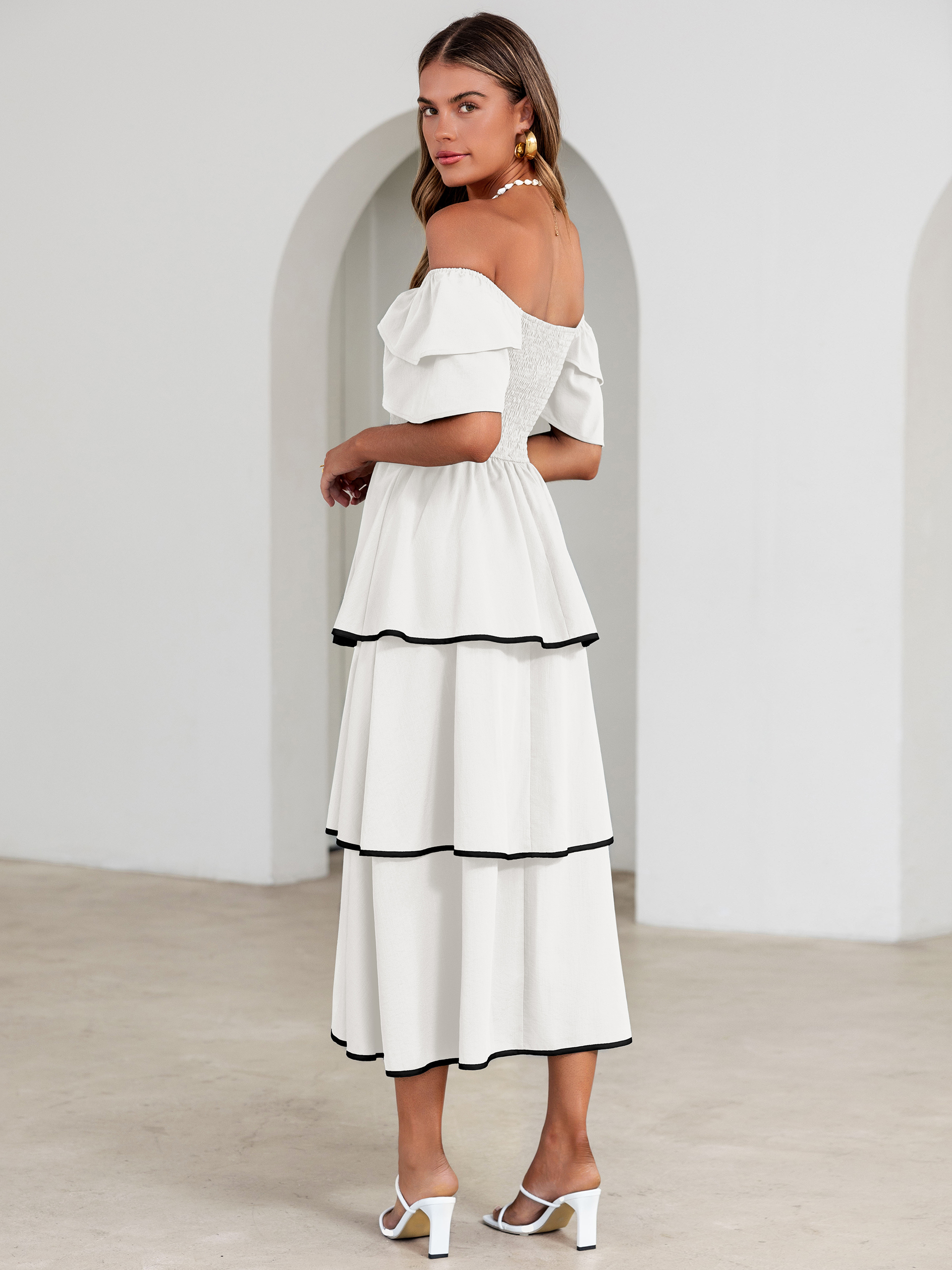 Ruched Off Shoulder Tiered Maxi Dress - White