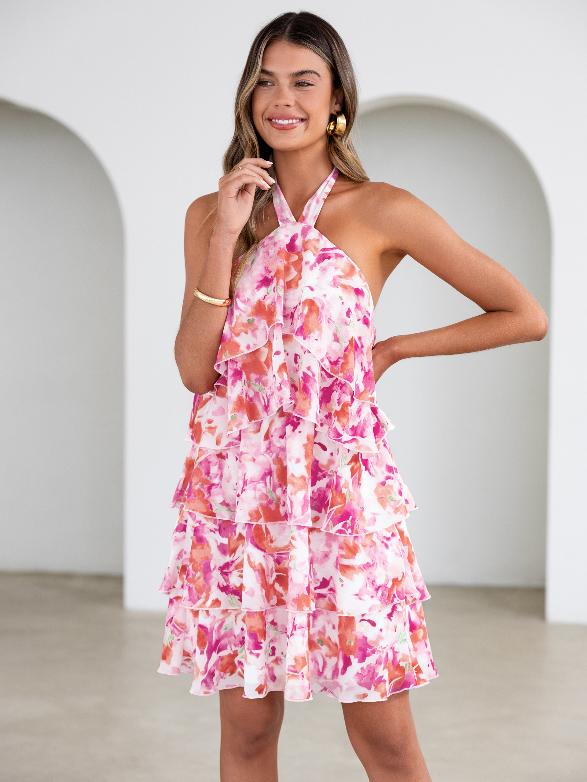 Floral Halter Neck Tiered Ruffle Mini Dress