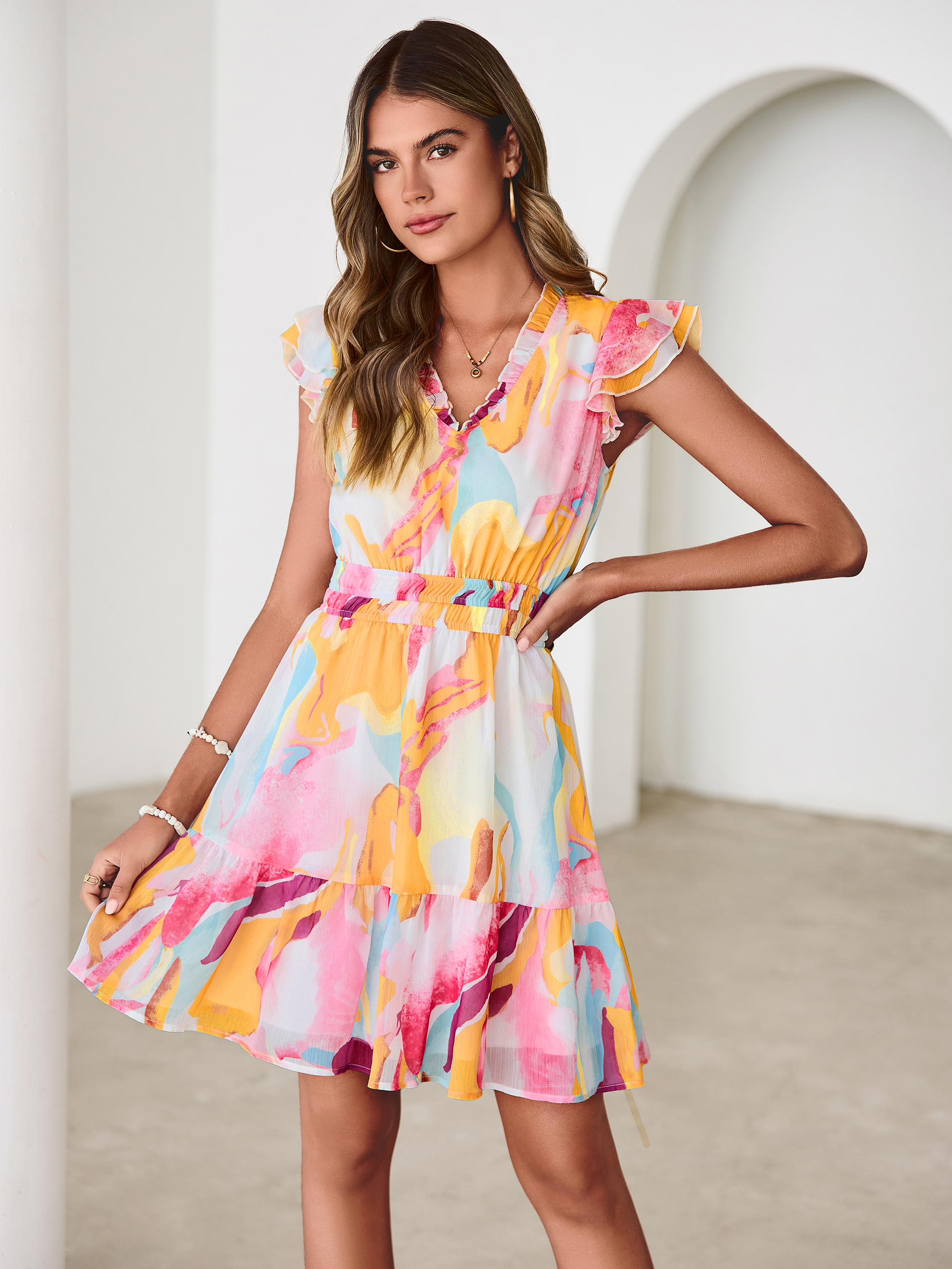 Floral V Neck Ruffle Sleeve Smocked Mini Dress