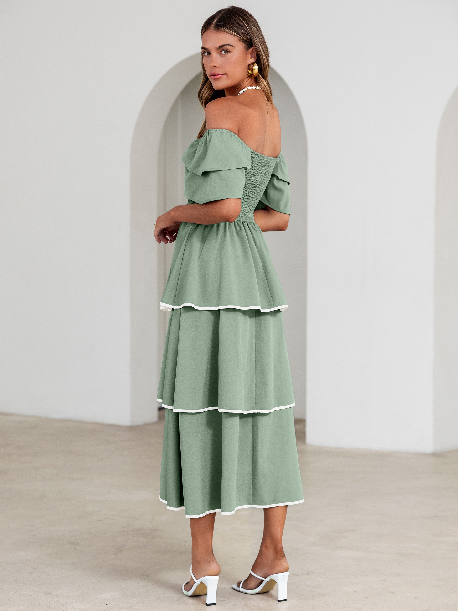 Ruched Off Shoulder Tiered Maxi Dress - Sage Green