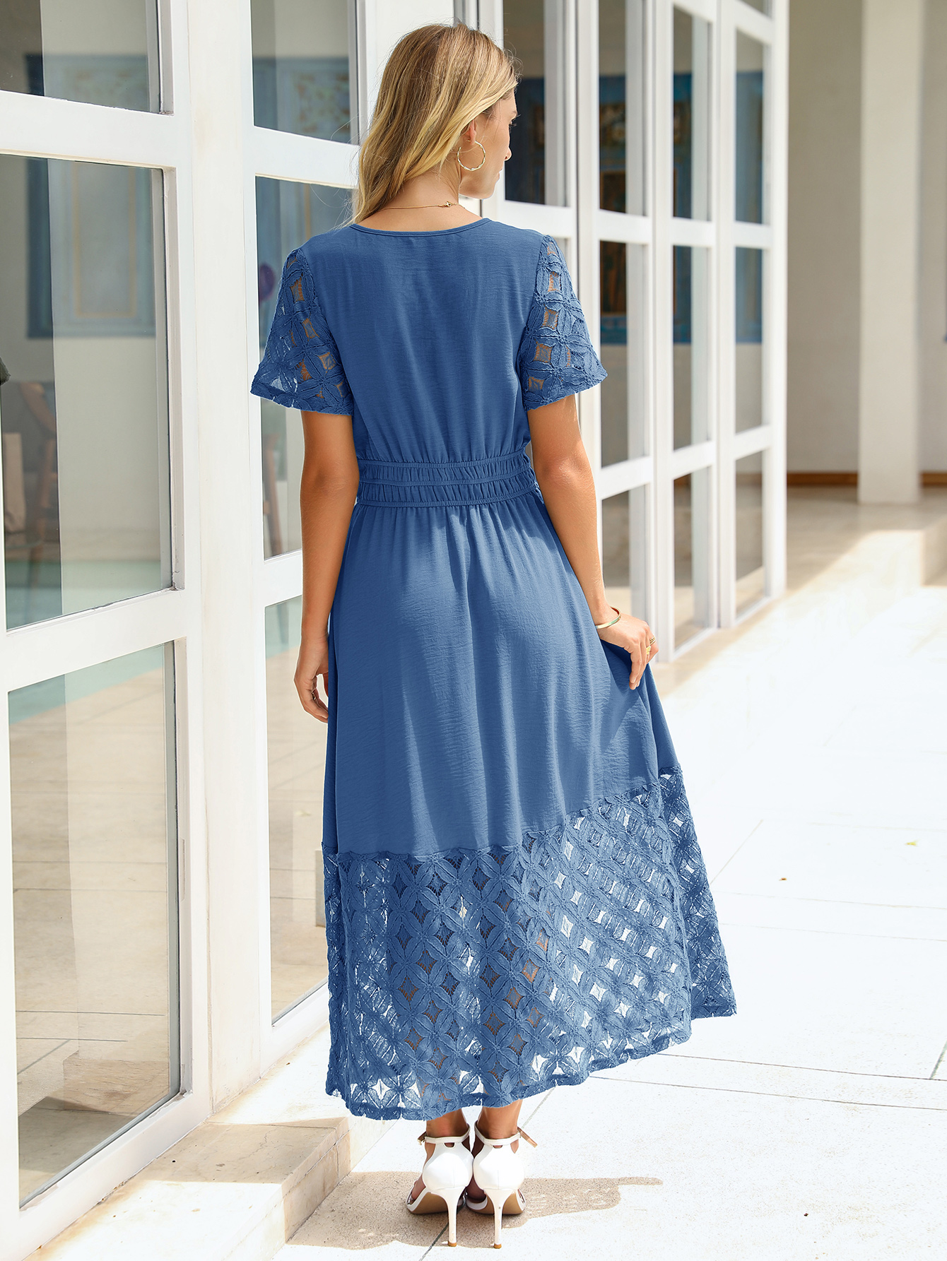 Lace Boho V Neck Short Sleeve Tiered Maxi Dress
