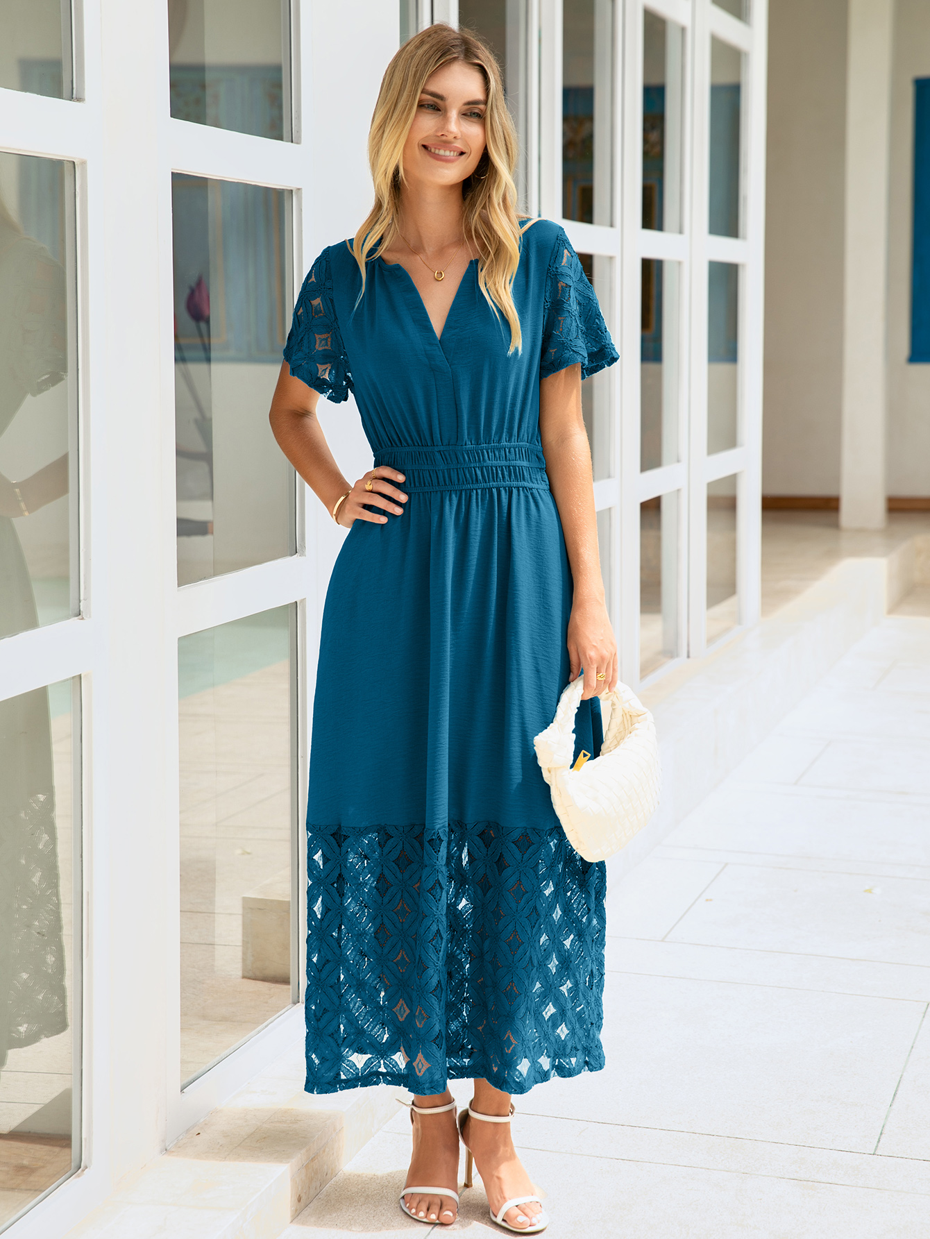 Lace Boho V Neck Short Sleeve Tiered Maxi Dress