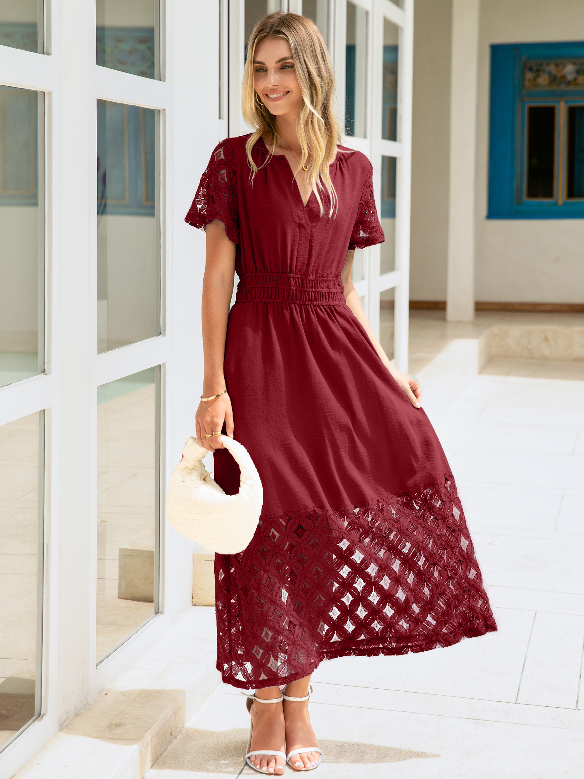 Lace Boho V Neck Short Sleeve Tiered Maxi Dress
