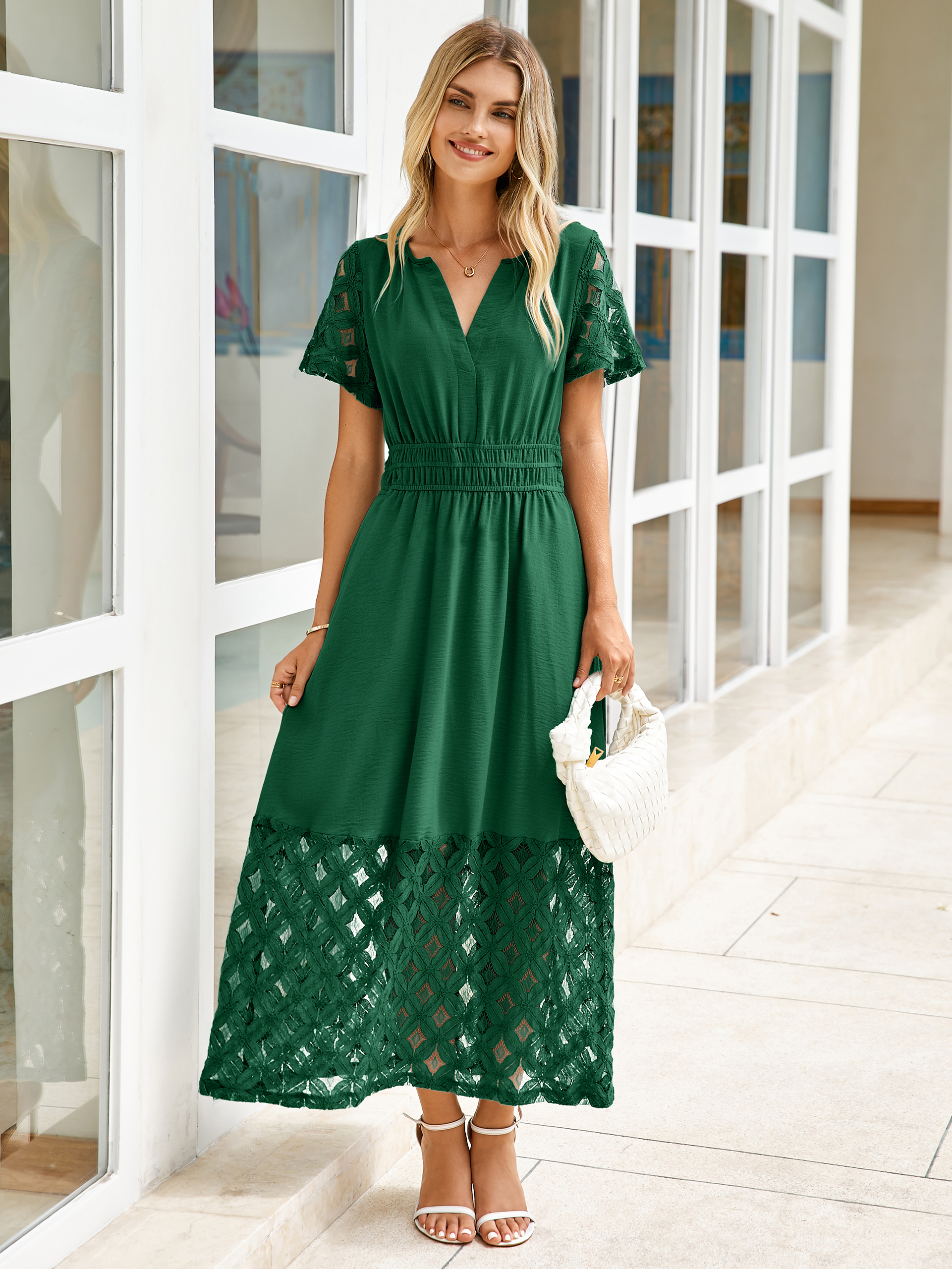Lace Boho V Neck Short Sleeve Tiered Maxi Dress - Emerald Green