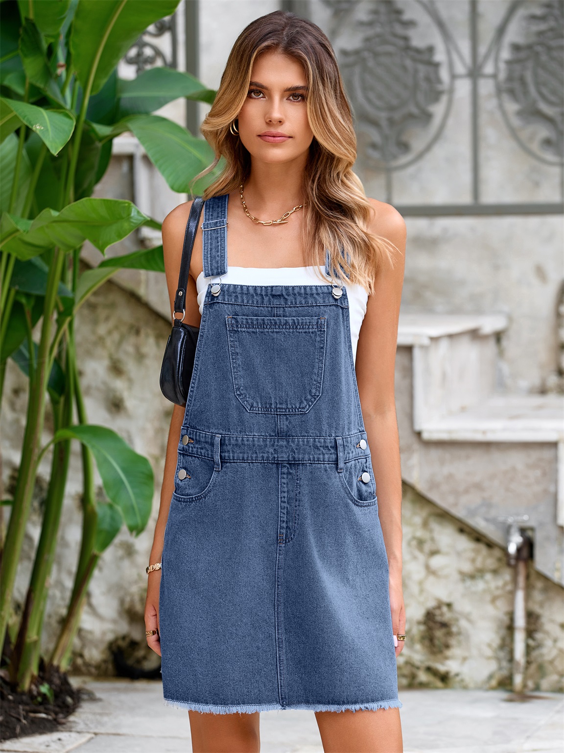 Square Neck Sleeveless Backless Mini Denim Dress - Dark Denim Blue