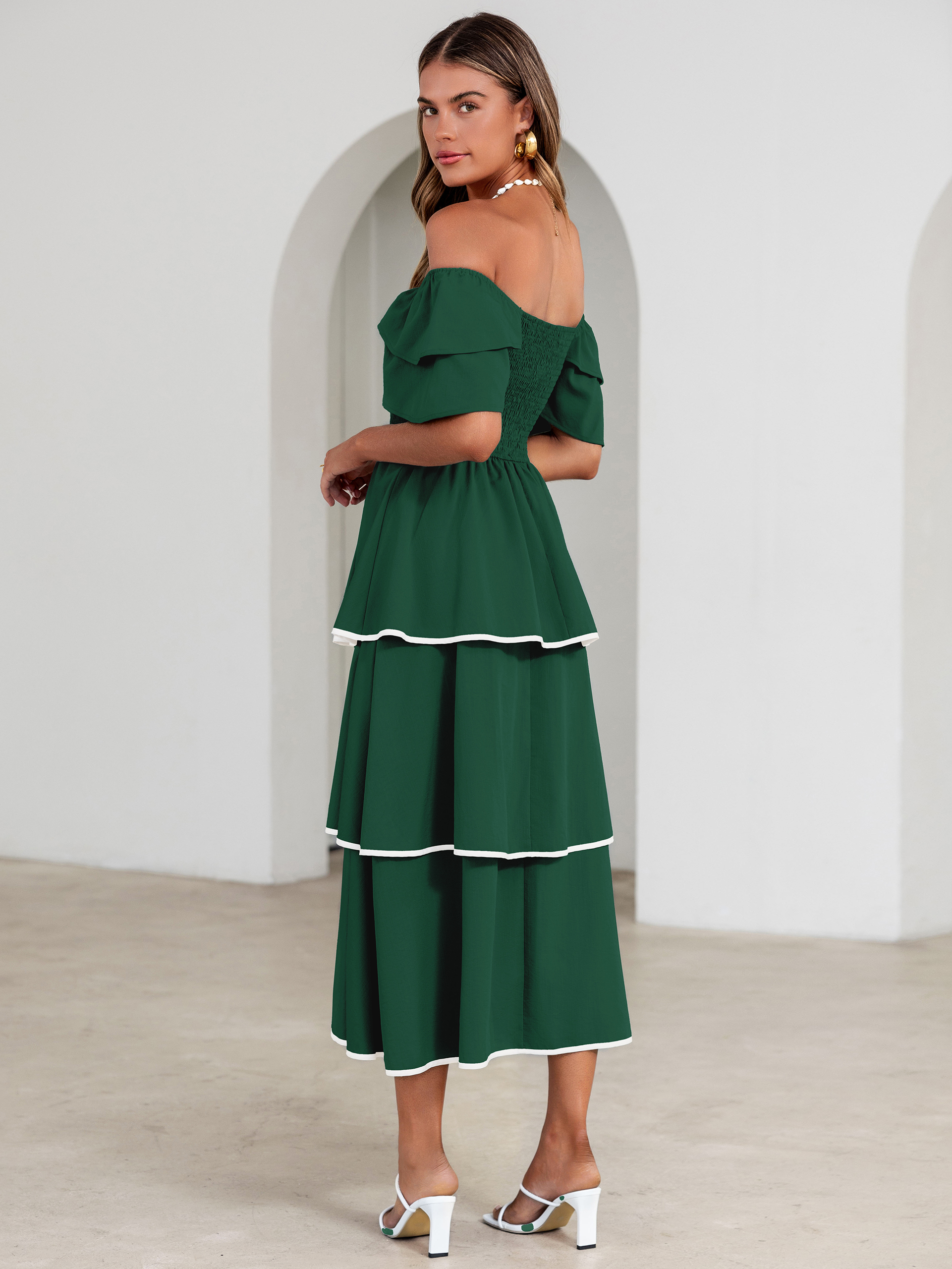 Ruched Off Shoulder Tiered Maxi Dress - Dark Green