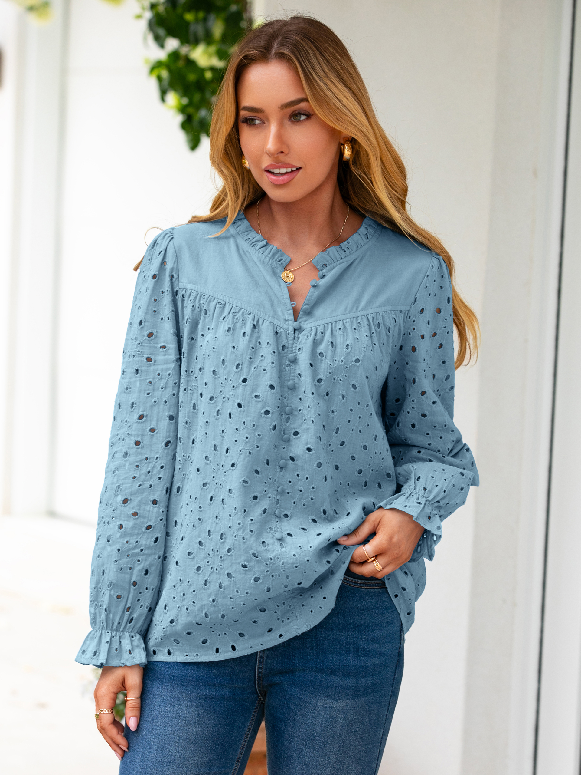 Eyelet Lace Puff Sleeve Button Down Blouse