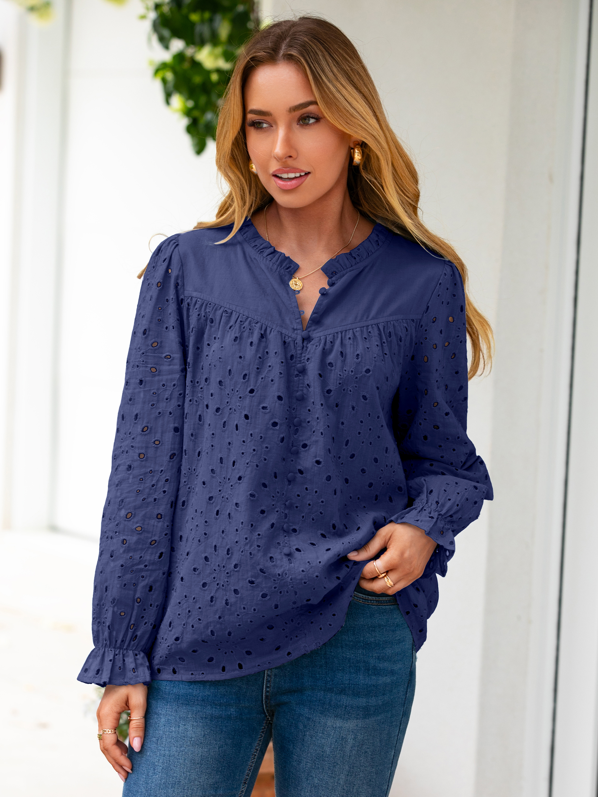 Eyelet Lace Puff Sleeve Button Down Blouse