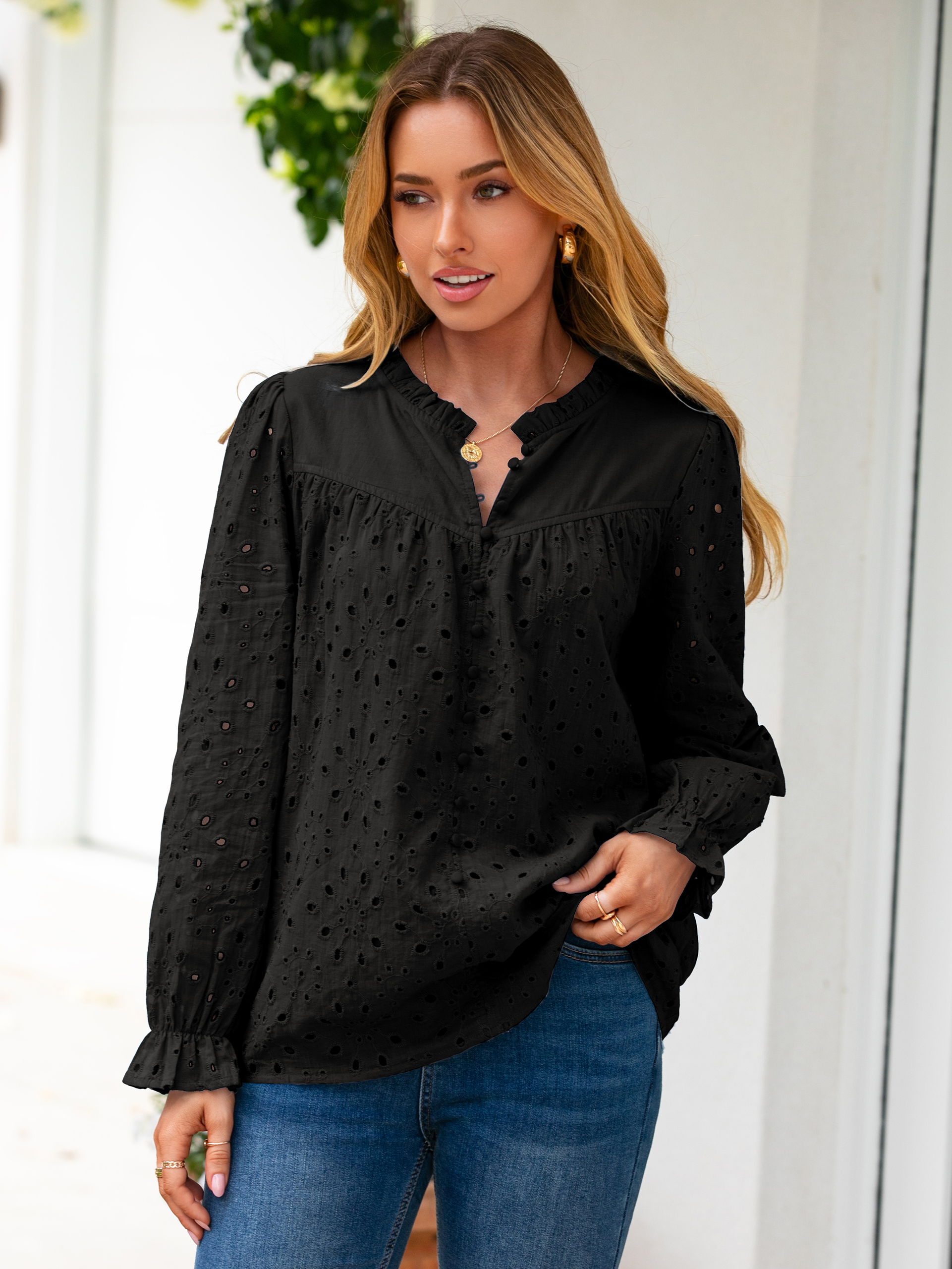 Eyelet Lace Puff Sleeve Button Down Blouse